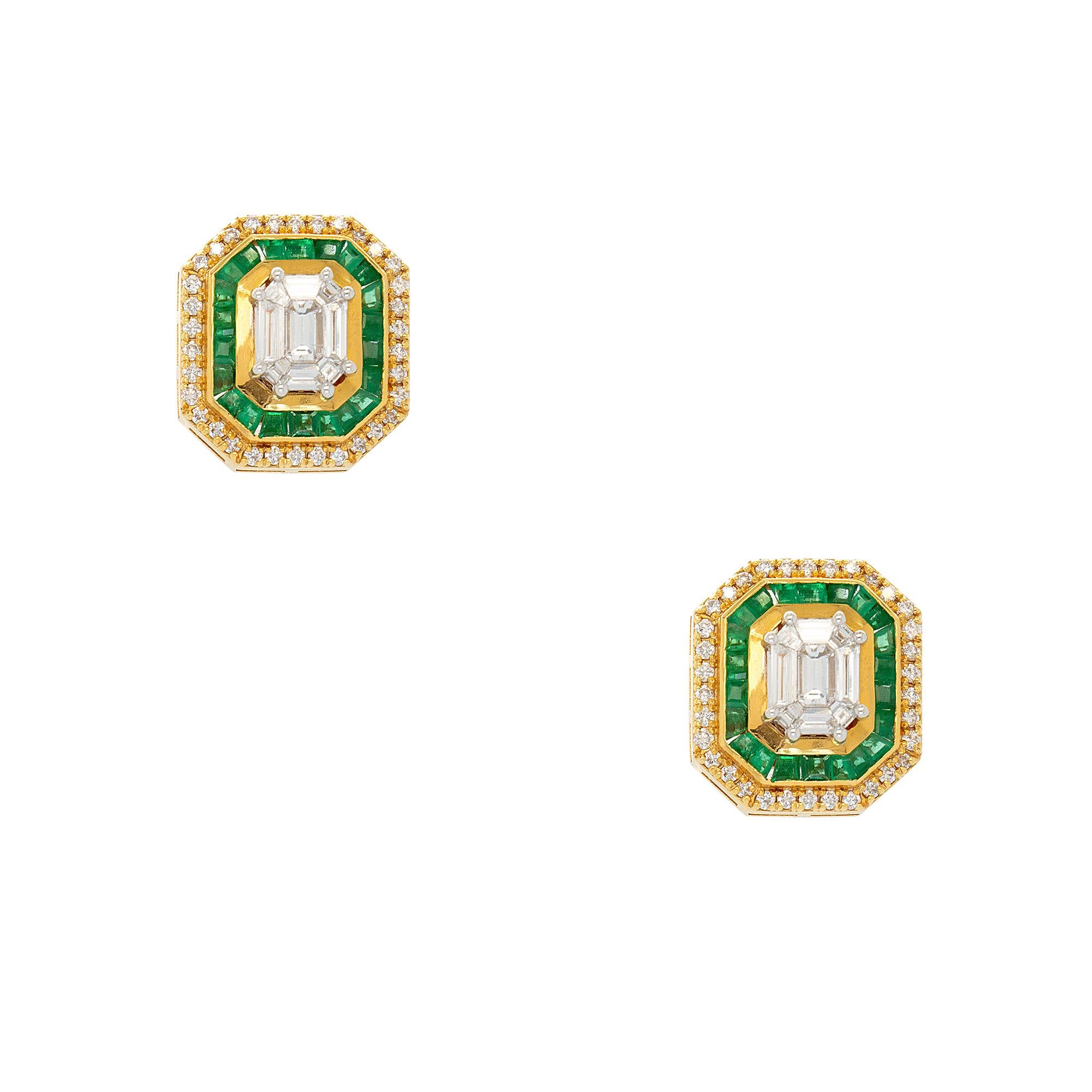 18k Yellow Gold 1.07ctw Diamond and 1.28ctw Emerald Multi Stone Octagonal Earrin For Sale