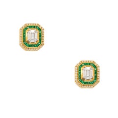 18k Yellow Gold 1.07ctw Diamond and 1.28ctw Emerald Multi Stone Octagonal Earrin