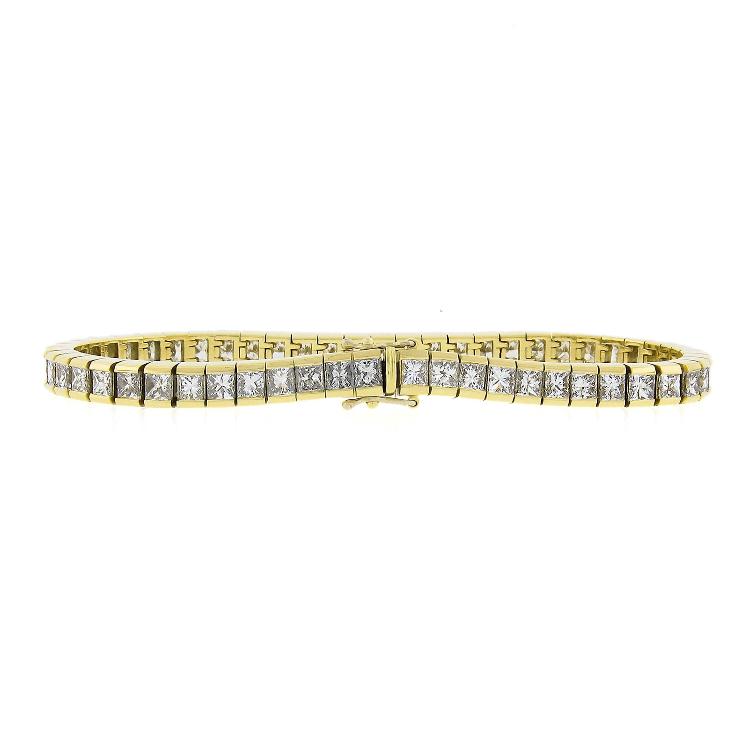Women's or Men's 18K Yellow Gold 10.96ct Princess Cut Channel Set Diamond Line Tennis Bracelet For Sale