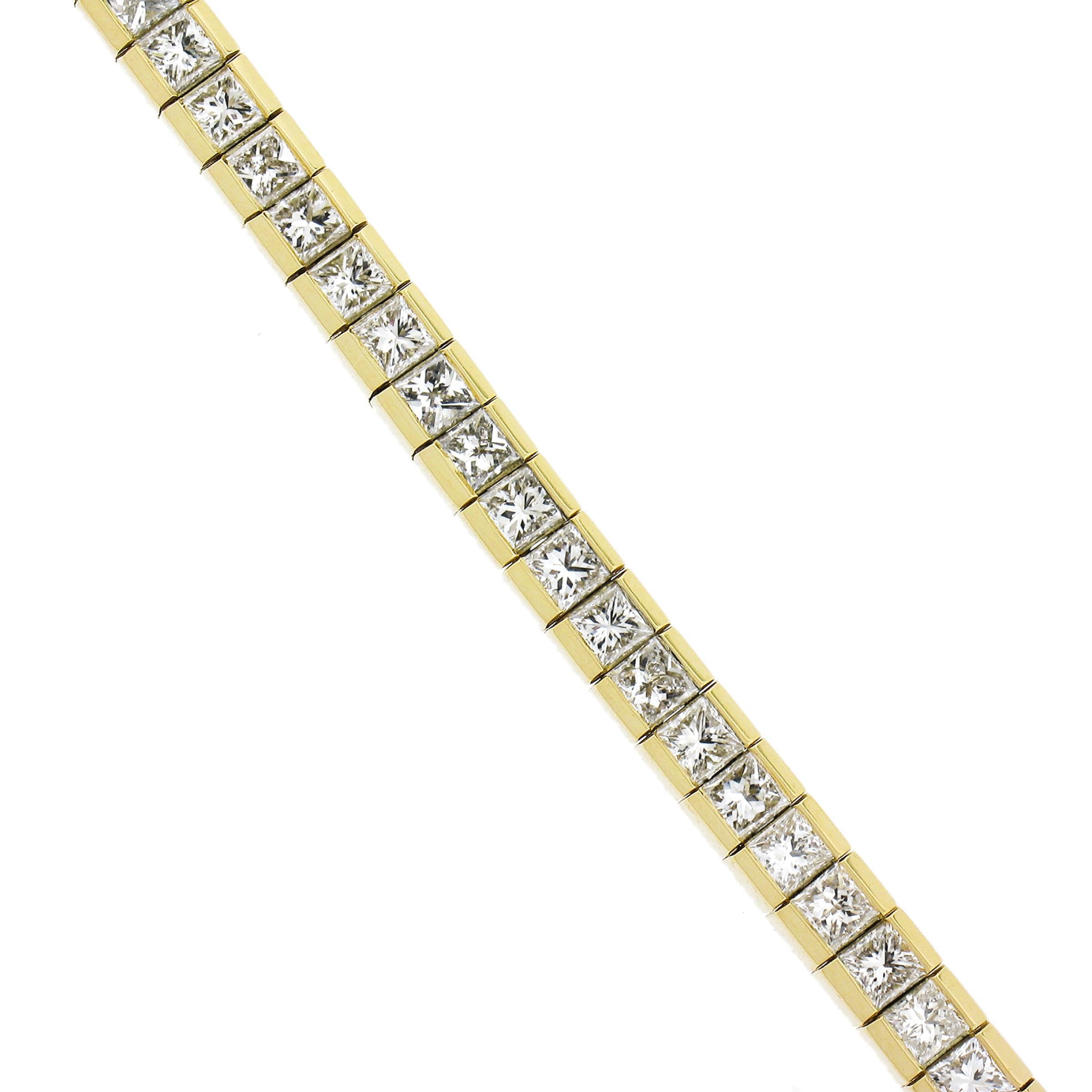 18K Yellow Gold 10.96ct Princess Cut Channel Set Diamond Line Tennis Bracelet For Sale 2