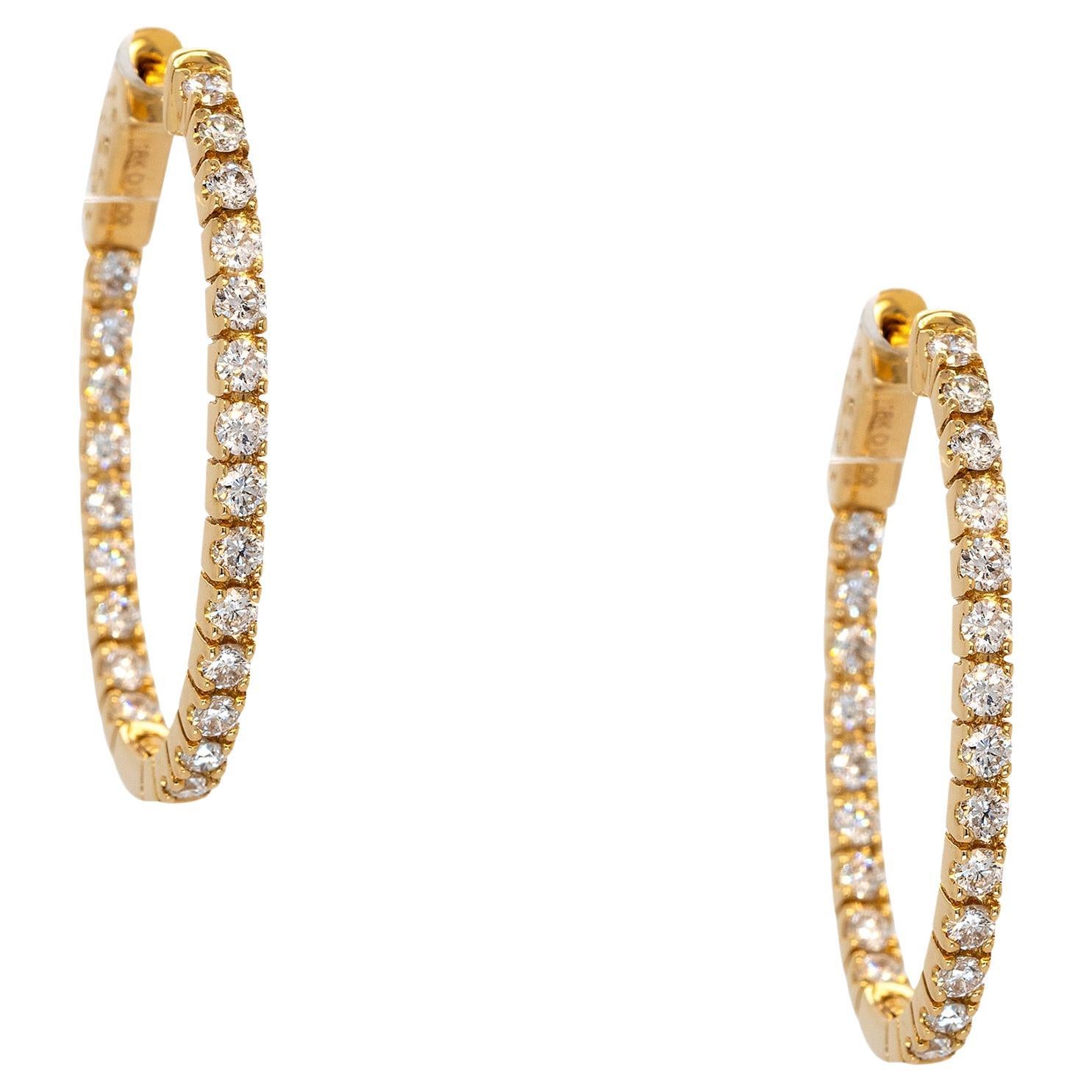 18k Yellow Gold 1.09ct Diamond Inside Out Hoop Earrings For Sale
