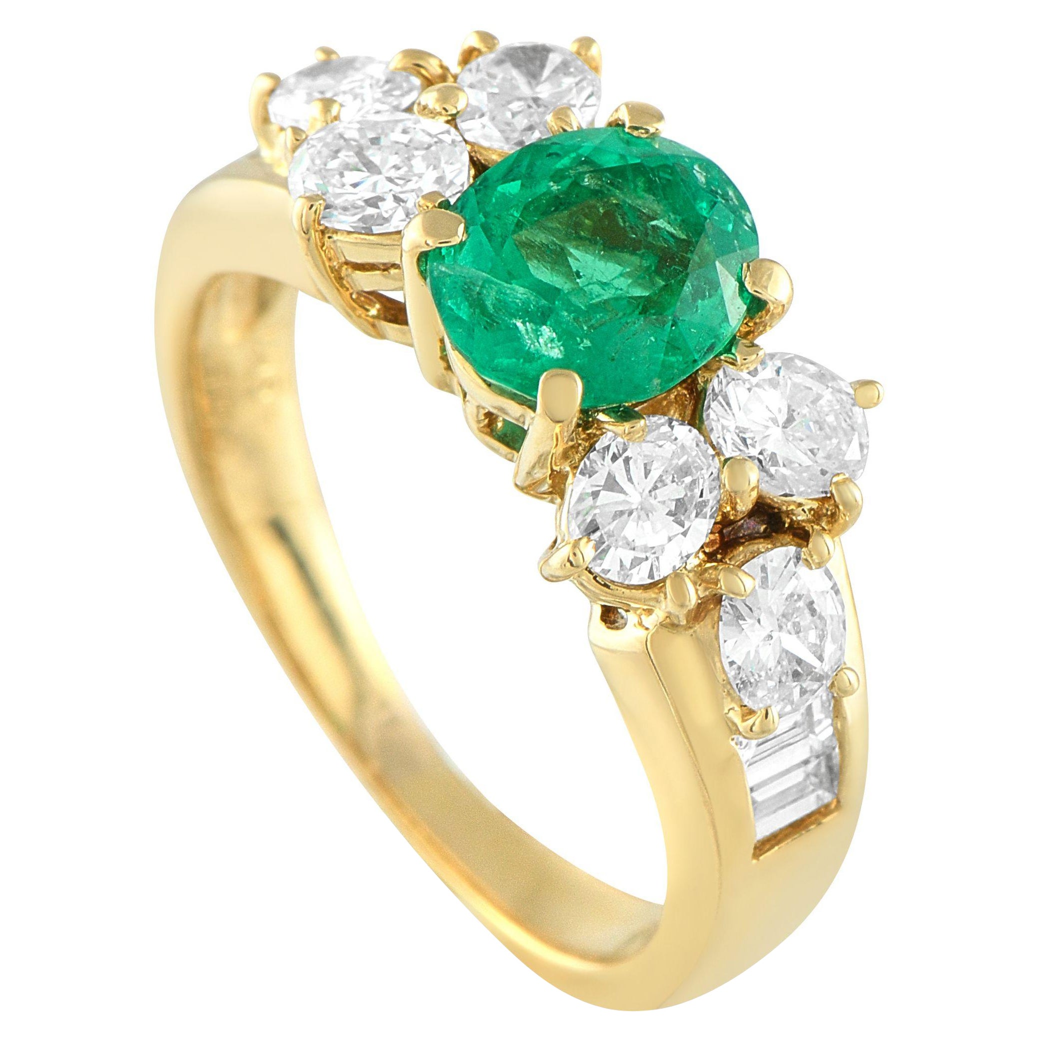 Bague en or jaune 18 carats avec diamant de 1,0 carat et émeraude