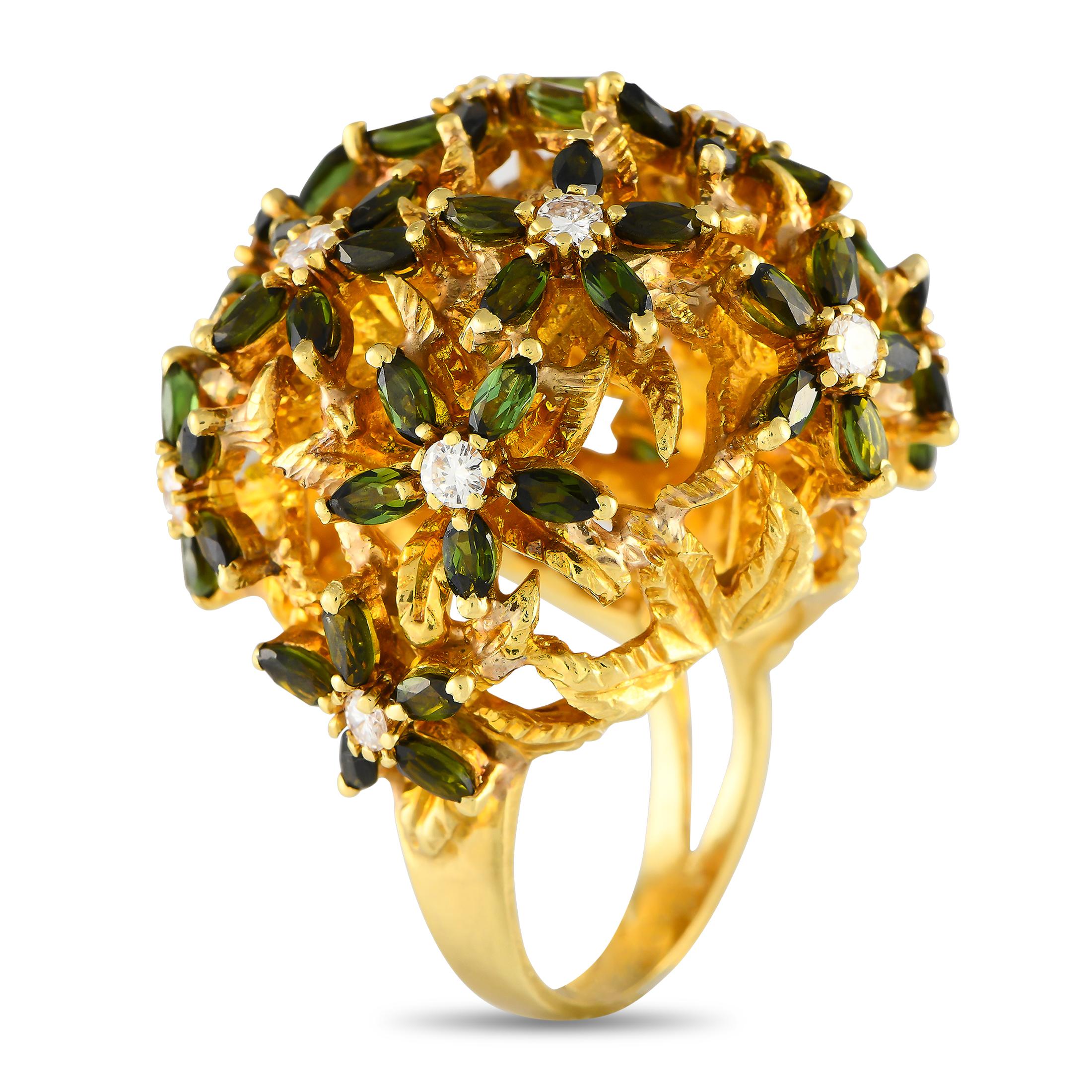 Get yourself a bouquet that will never wither or fade. This bouquet-inspired statement ring is designed with ageless beauty and timeless elegance. It features an 18K yellow-gold band with a sculpted top that forms a rounded bouquet of gemstone