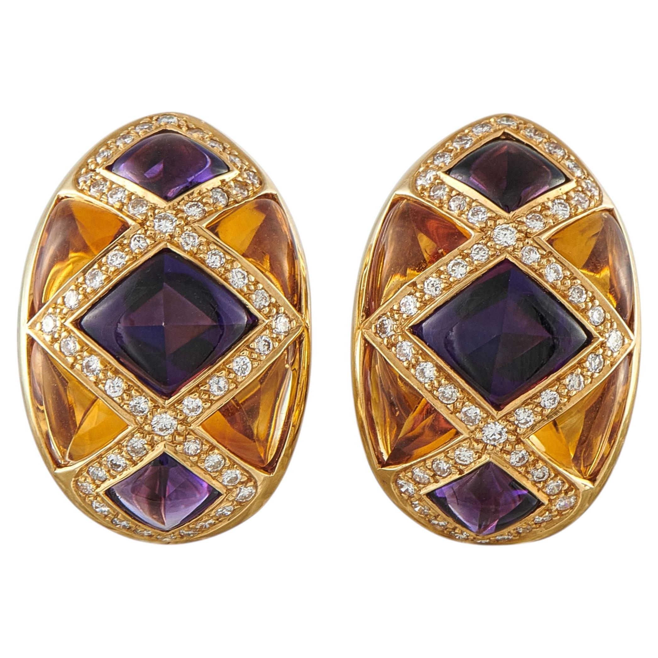 18K Yellow Gold 1.0ct Diamond, Citrine and Amethyst Earrings MF02-060226