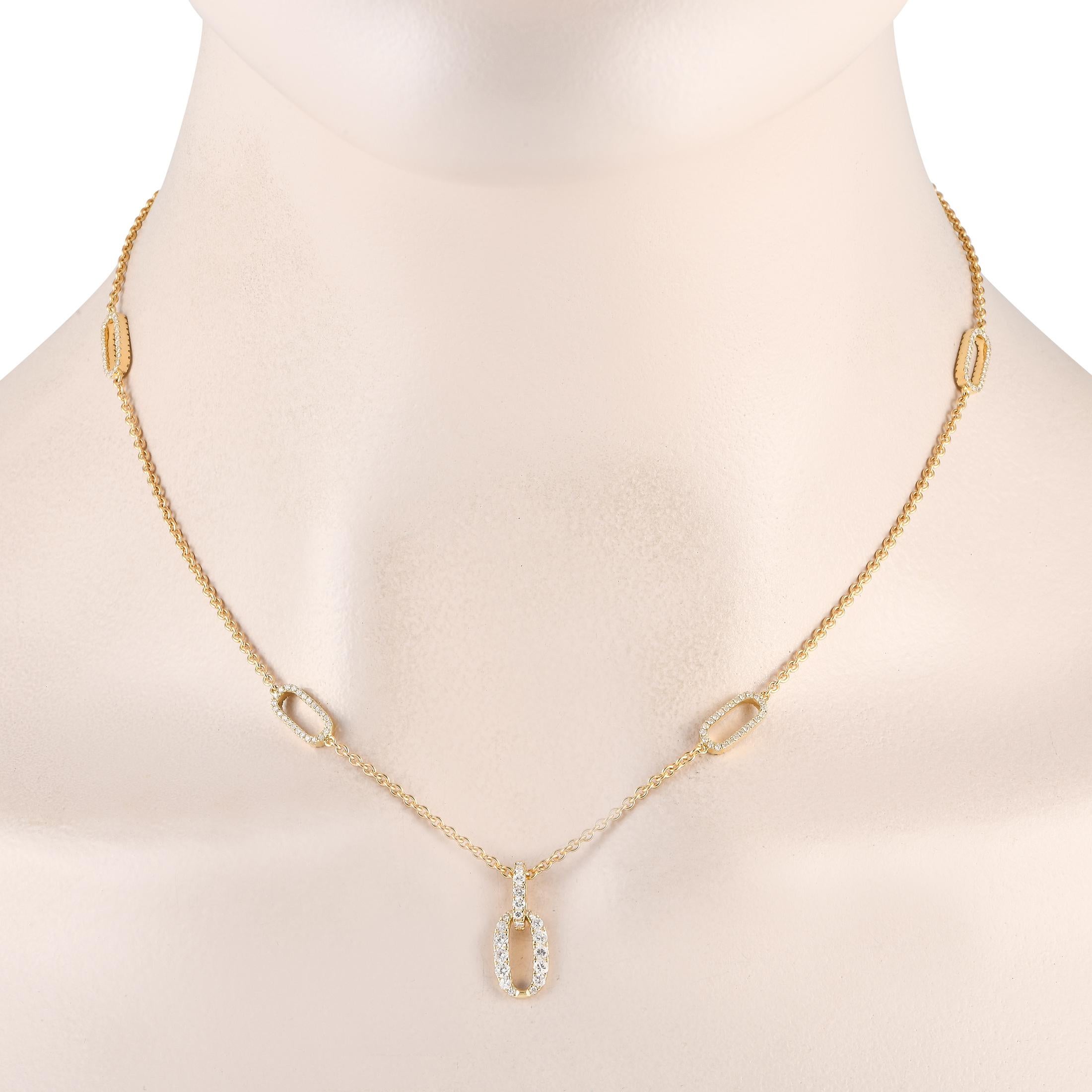 Theres something decidedly sophisticated about this impeccable 18K yellow gold necklace. At the center of the 17 chain, oval-shaped links measuring 0.75 long by 0.25 wide serve as a stunning focal point. Diamonds with a total weight of 1.0 carats