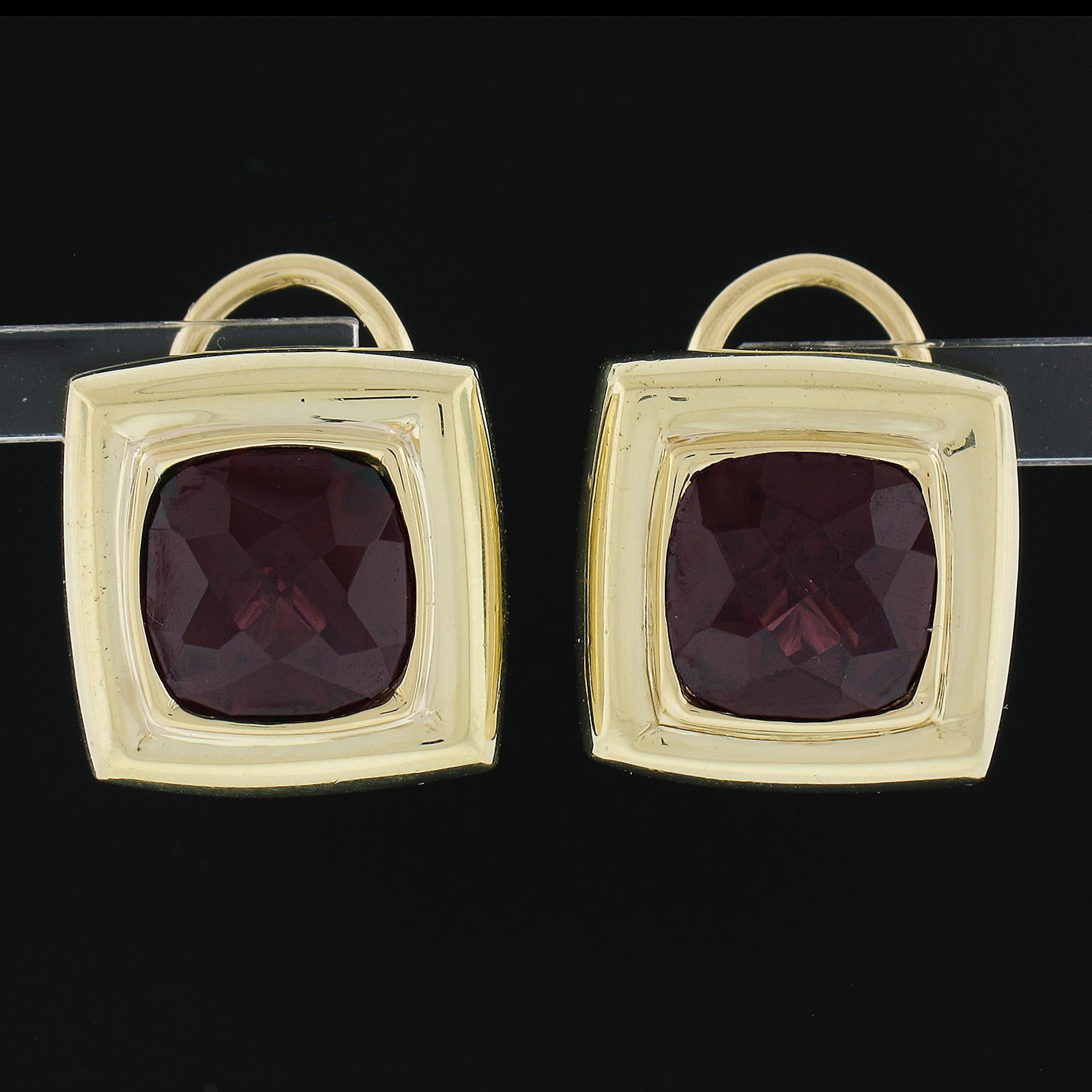 --Stone(s):--
(2) Natural Genuine Garnets - Checkerboard Cushion Cut - Bezel Set - Pure Red Color - 10ctw (approx. - based on GIA measurements)
Total Carat Weight:	10 (approx.)

Material: Solid 18k Yellow Gold
Weight: 19.89 Grams
Backing:	Post Backs