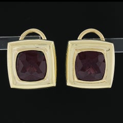 18k Yellow Gold 10ctw Bezel GIA Checkerboard Red Garnet Cushion Omega Earrings