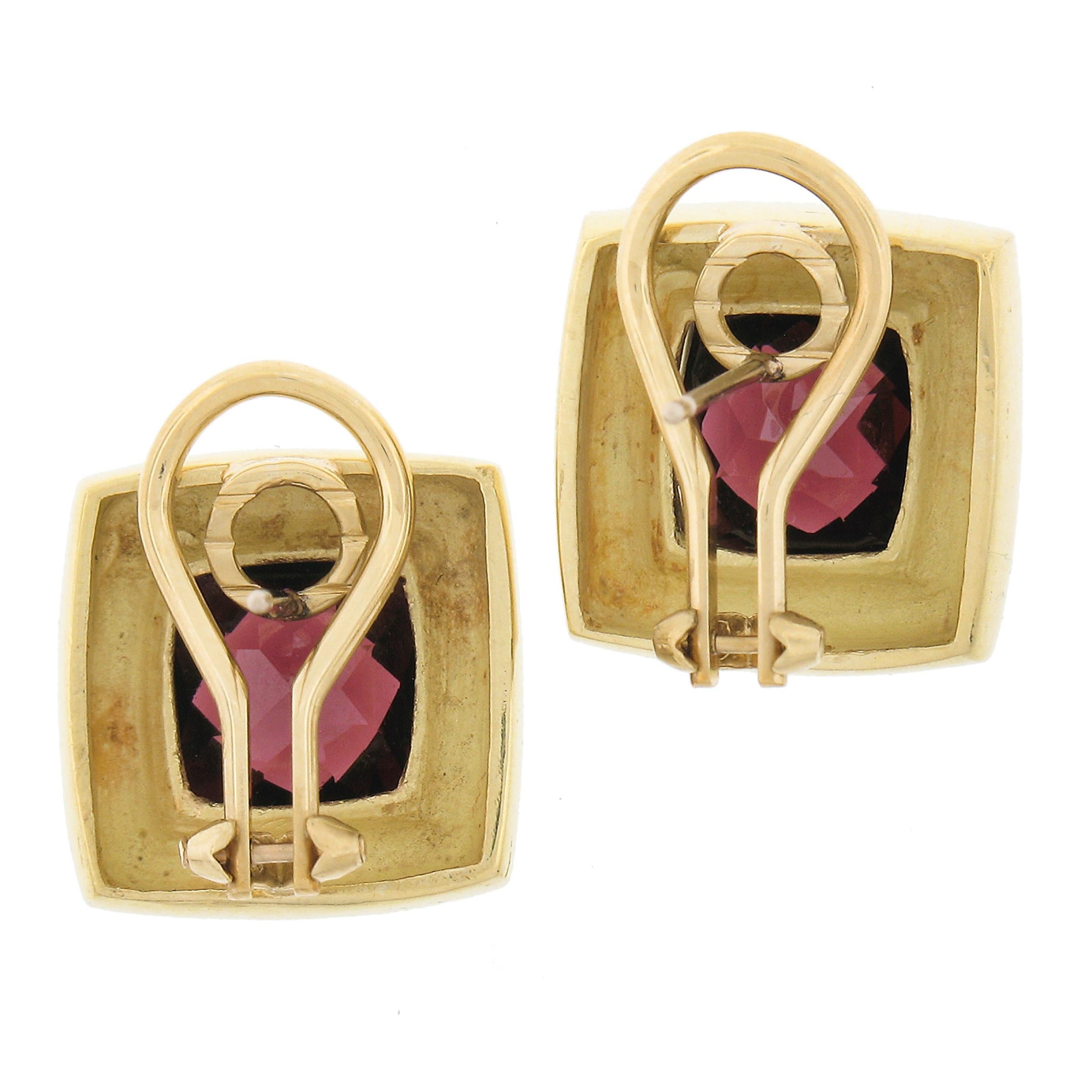 Women's 18k Yellow Gold 10ctw Bezel GIA Checkerboard Red Garnet Cushion Omega Earrings For Sale