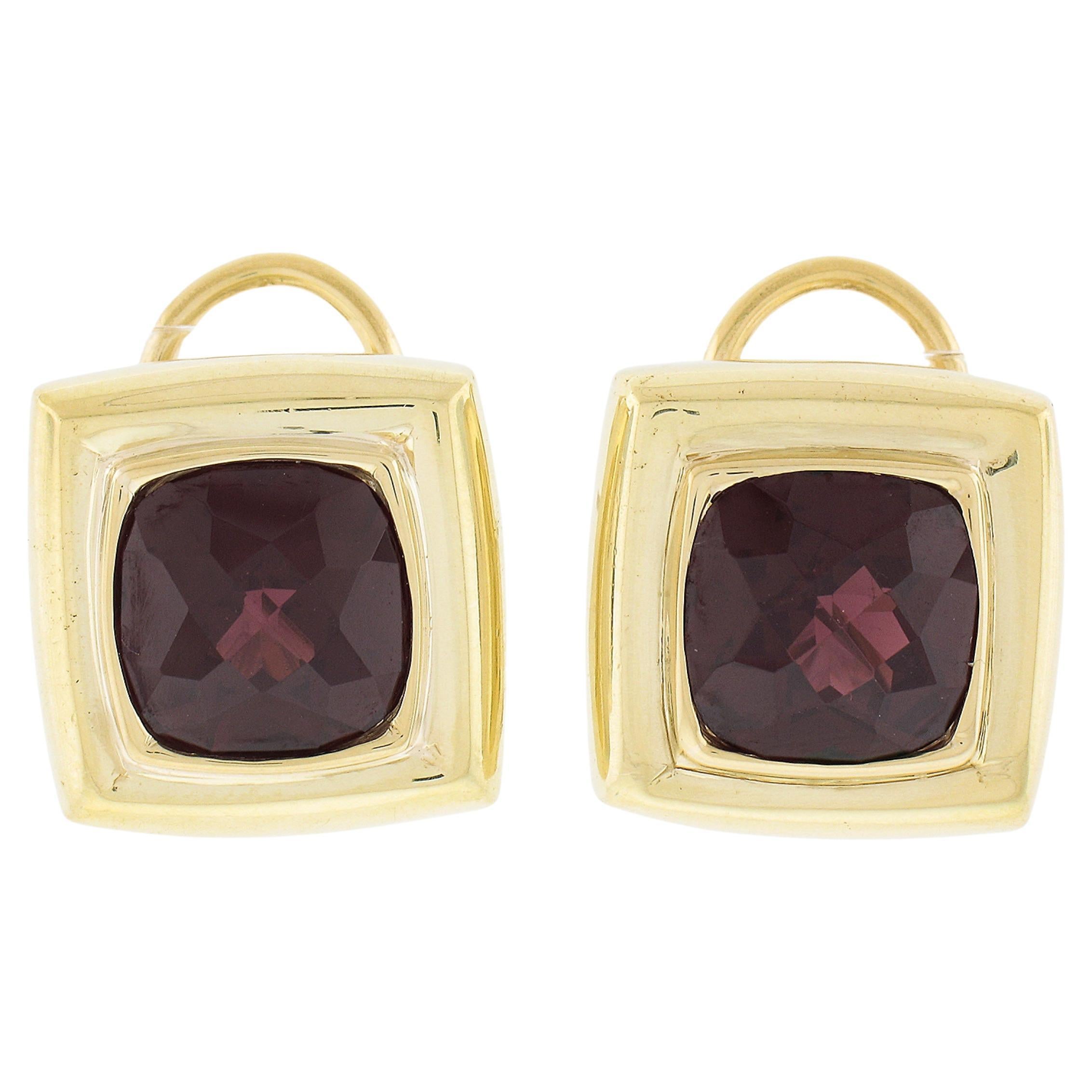 18k Yellow Gold 10ctw Bezel GIA Checkerboard Red Garnet Cushion Omega Earrings