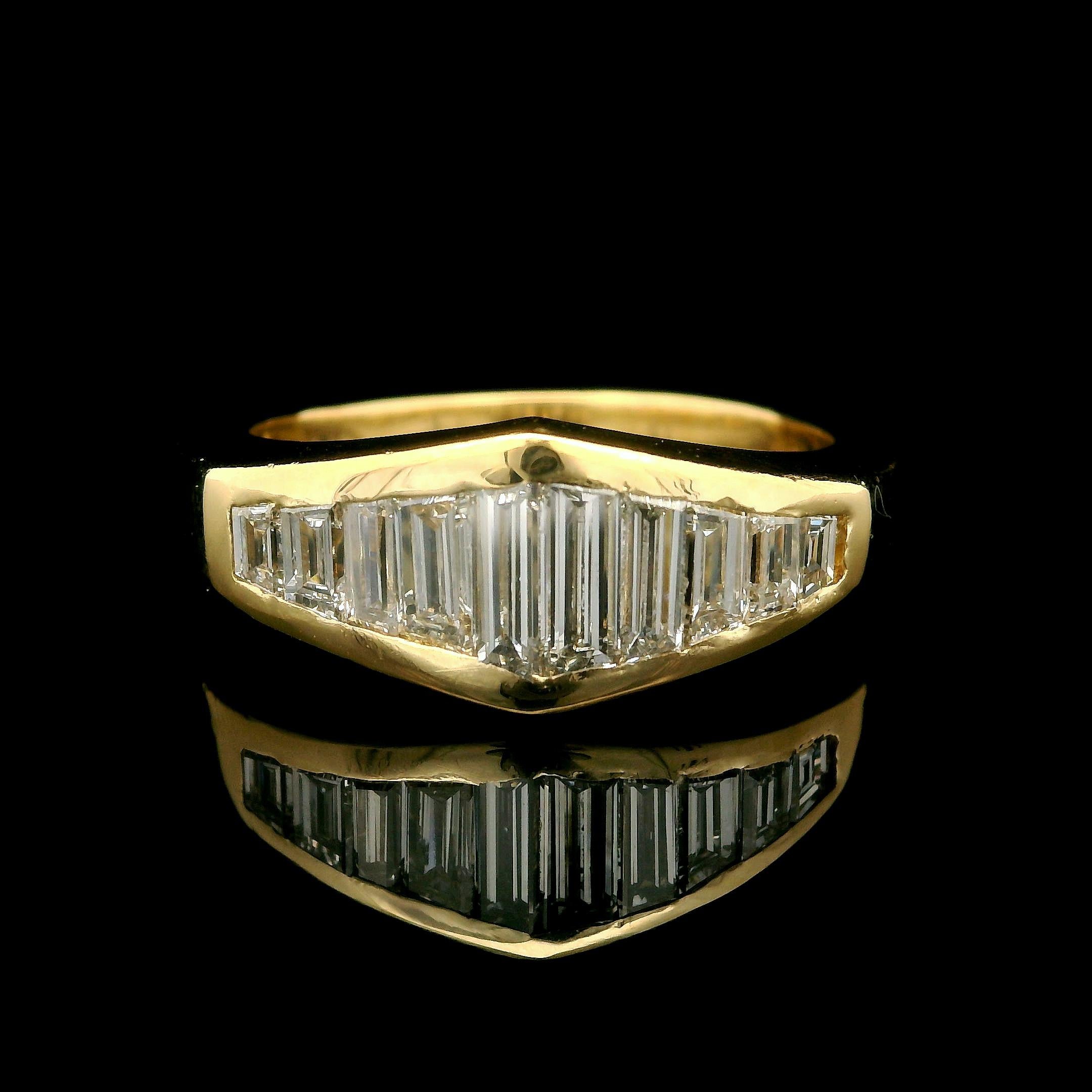 –Stone(s)–
(10) Natural Genuine Diamond - Custom Baguette Cut - Channel Set - F-G Color  - VS1 -VS2 Clarity - 0.75 - 1.0ctw  (approx.)

Material: Solid 18k Yellow Gold
Weight: 5.15 Grams
Ring Size: 6.5 ( fitted on finger, please contact us prior to