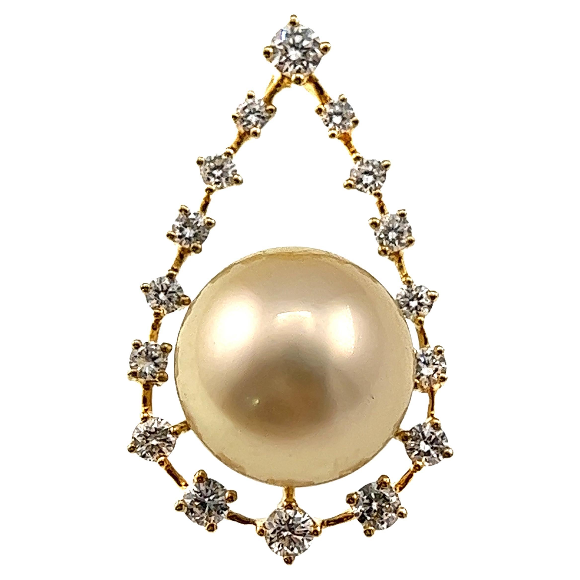 18K Yellow Gold 10mm South Sea Golden Pearl & Diamond Pendant Necklace