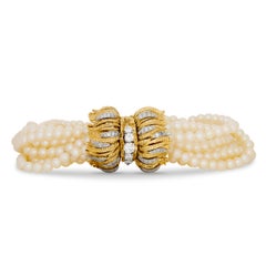 Bracelet de perles en or jaune 18K à 11 brins avec fermoir en diamant
