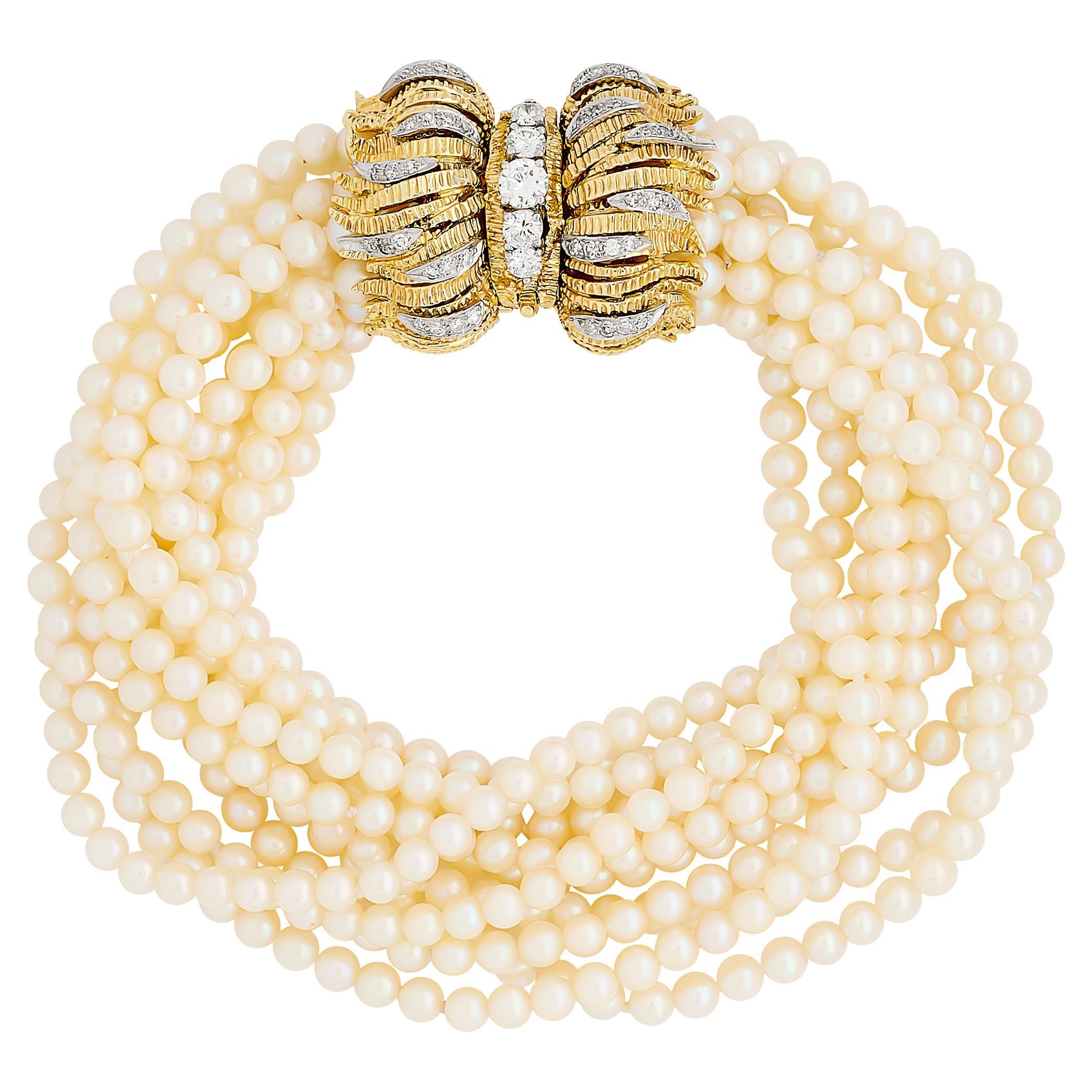 Bracelet de perles en or jaune 18K à 11 brins avec fermoir en diamant en vente