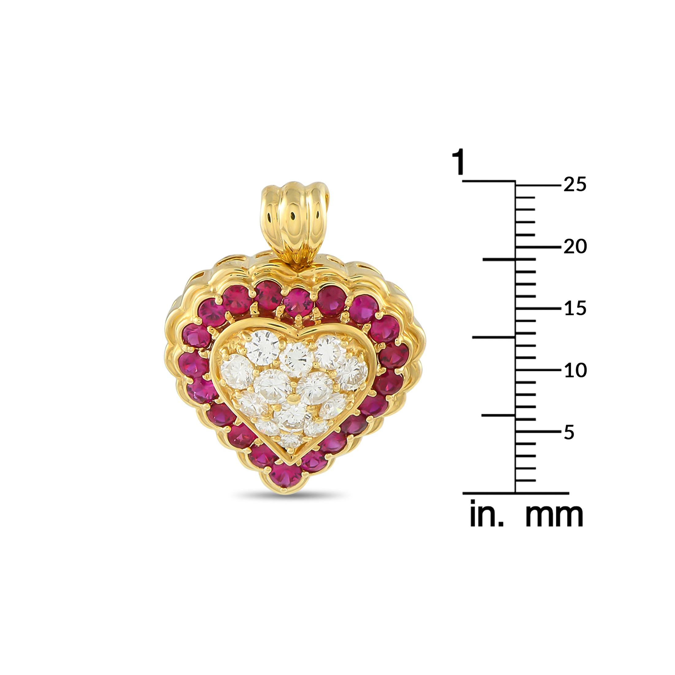 Round Cut 18K Yellow Gold 1.11ct Diamond and Ruby Pendant