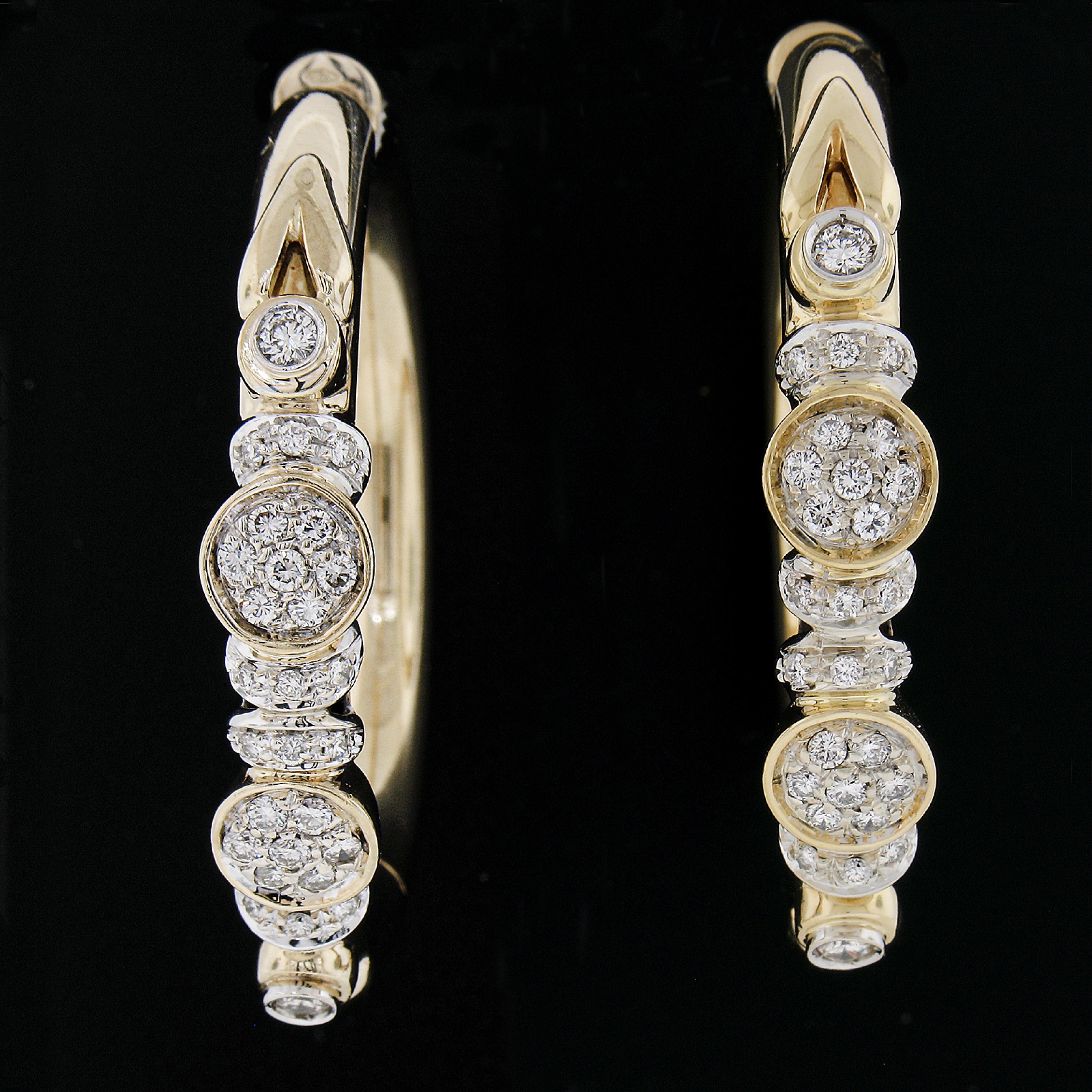 --Stone(s):--
(56) Natural Genuine Diamonds - Round Brilliant Cut - Pave & Bezel Set - J-L Color - VS1-I1 Clarity
Total Carat Weight:	1.15 (approx.)

Material: Solid 18k Yellow Gold 
Weight: 37.14 Grams
Closure:	Posts w/ Hinged Closure (pierced ears