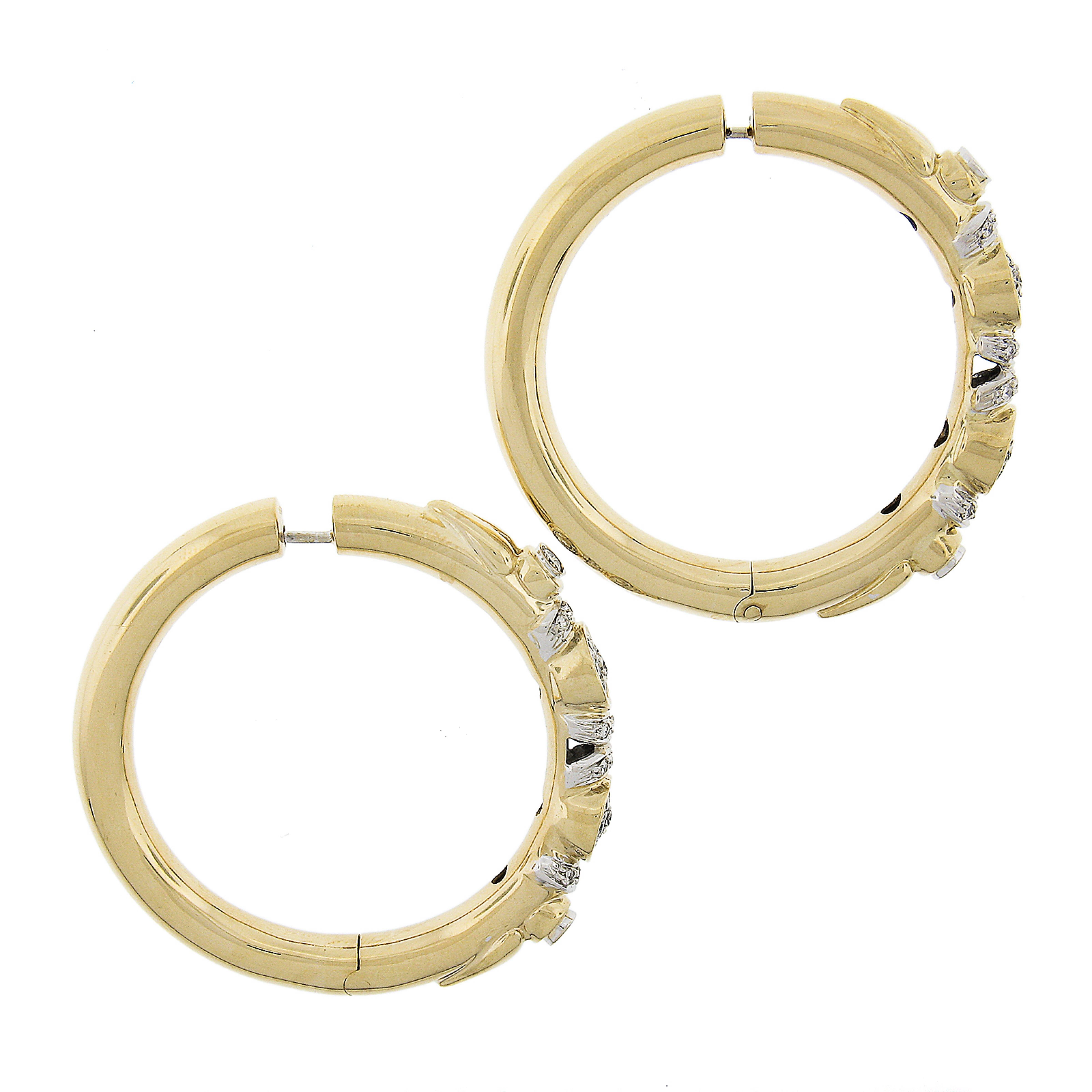 Women's 18k Yellow Gold 1.15ctw Bezel & Pave Diamond 46.9mm Large Huggie Hoop Earrings For Sale