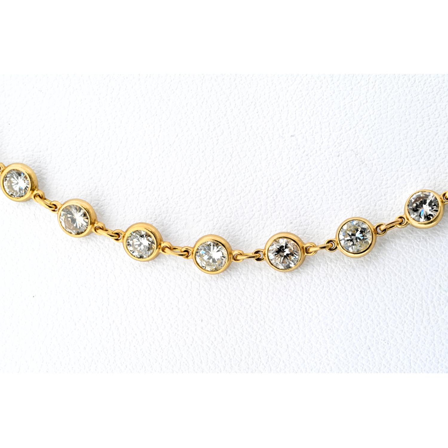 Round Cut 18K Yellow Gold 11.68cttw Diamond By The Yard 16 Inch Chain Necklace For Sale