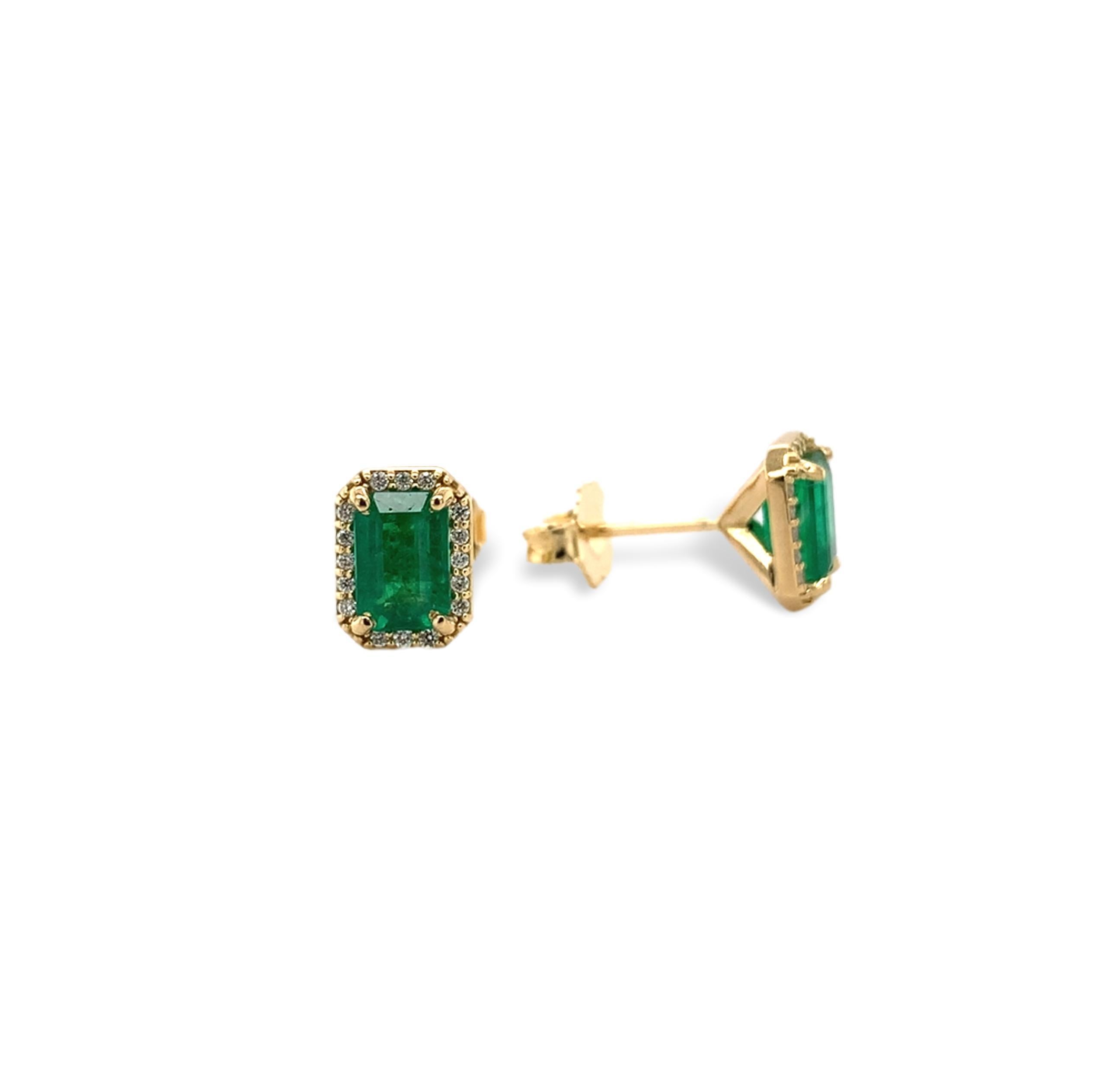 Emerald Cut 18K Yellow Gold 1.16cttw Fine Emerald and Diamond Stud Earrings For Sale