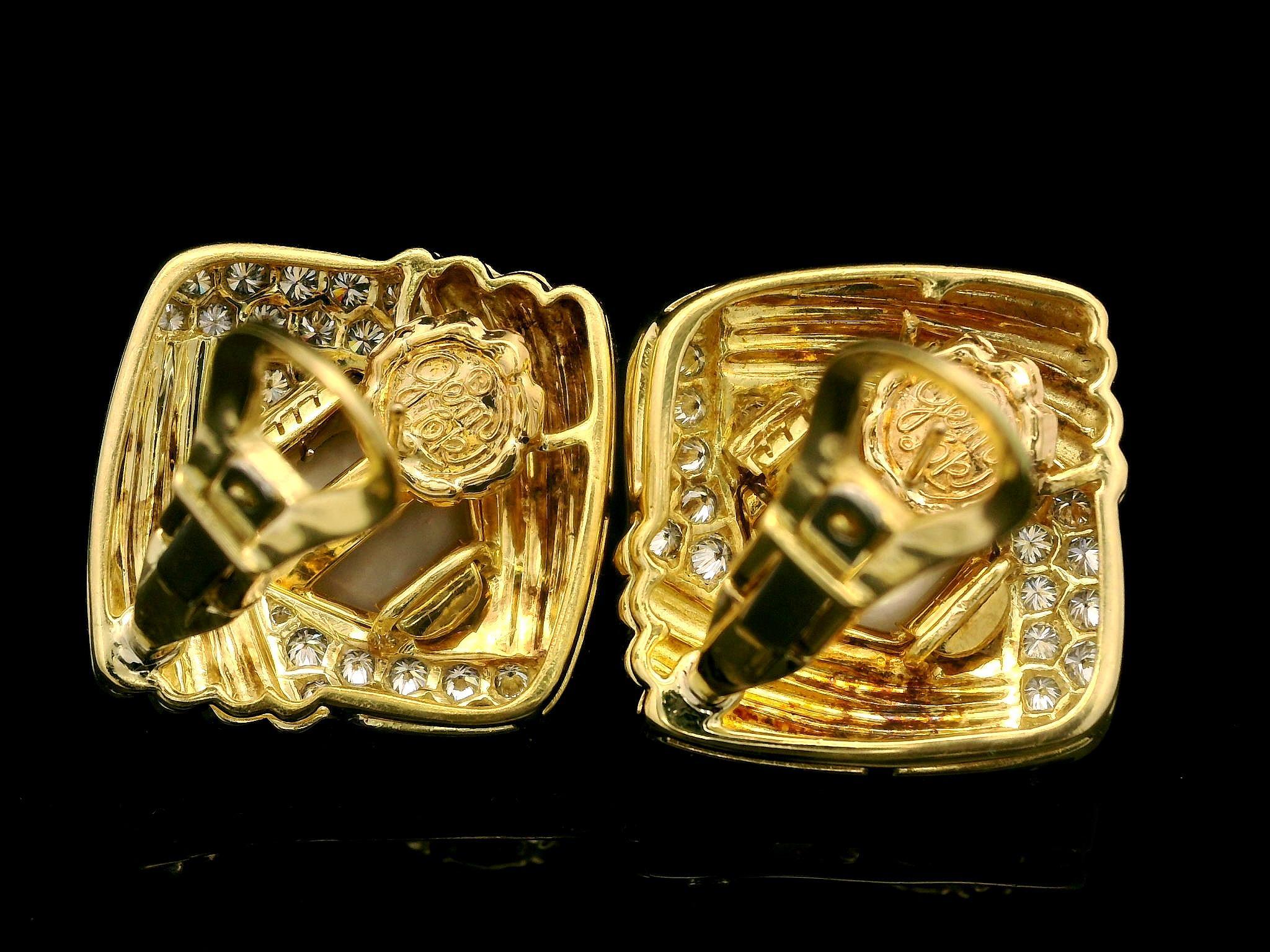 18k Yellow Gold 11.6mm Mabe Pearl 1.85ctw Diamond Large Button Omega Earrings In Excellent Condition For Sale In Montclair, NJ