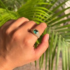 18K Yellow Gold 1.19Ct Cushion Cut Emerald and Diamond Dome Ring Fine Jewelry