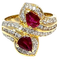 18K Yellow Gold 1.1Ctw Pear-Shaped Rubies 
Diamonds Cocktail Ring