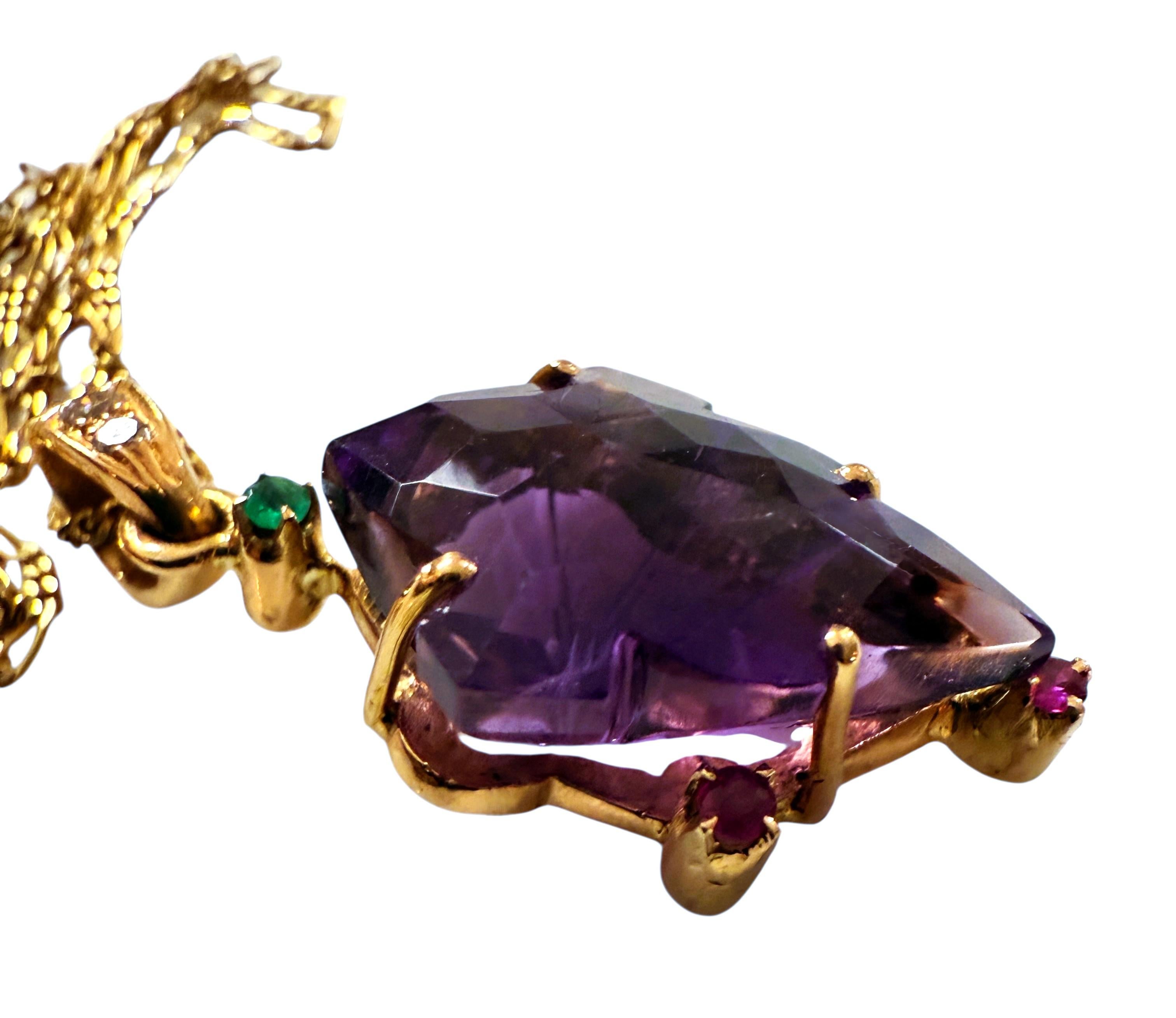 18k Yellow Gold 12 Carat Amethyst, Diamond, Sapphire & Emerald Necklace 18