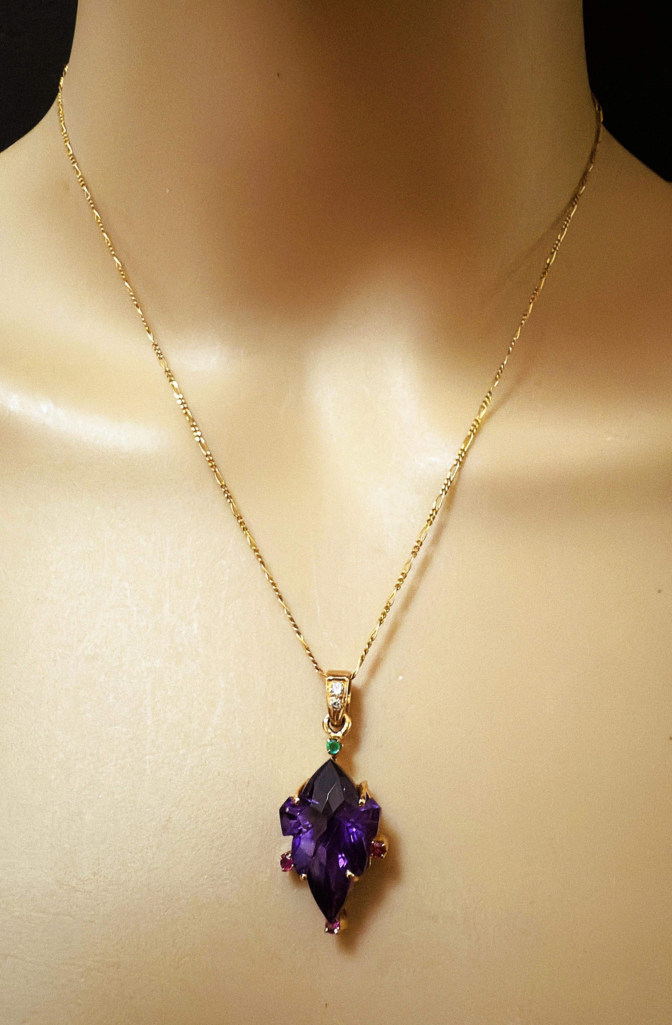 Art Deco 18k Yellow Gold 12 Carat Amethyst, Diamond, Sapphire & Emerald Necklace 18