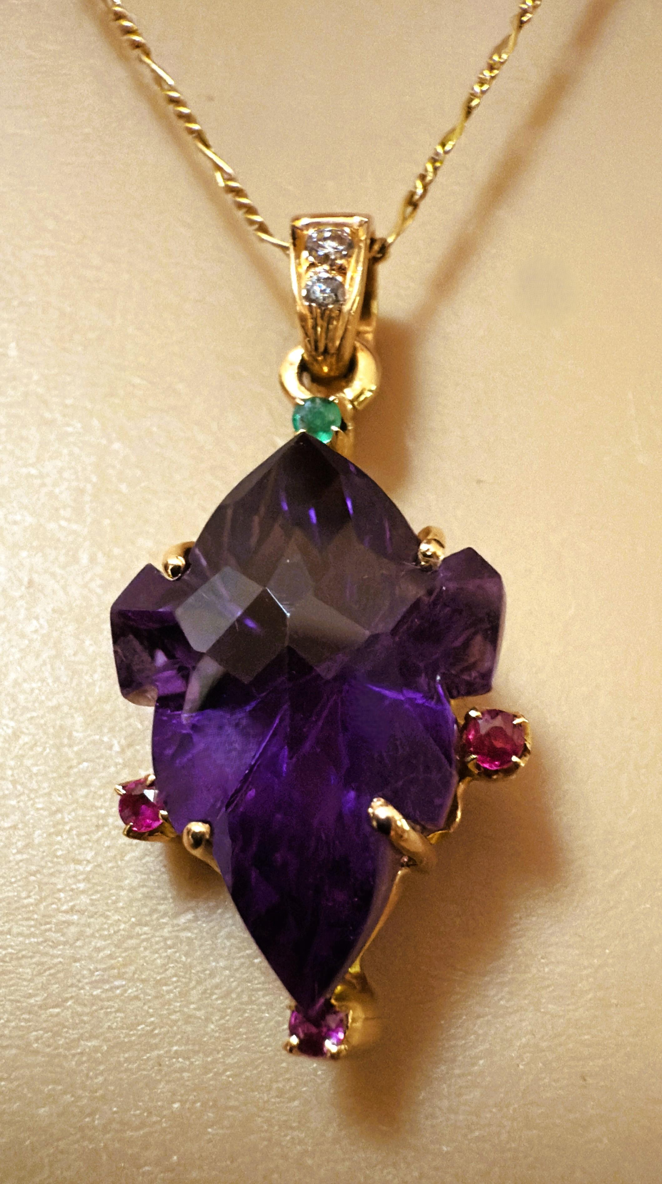 Pear Cut 18k Yellow Gold 12 Carat Amethyst, Diamond, Sapphire & Emerald Necklace 18