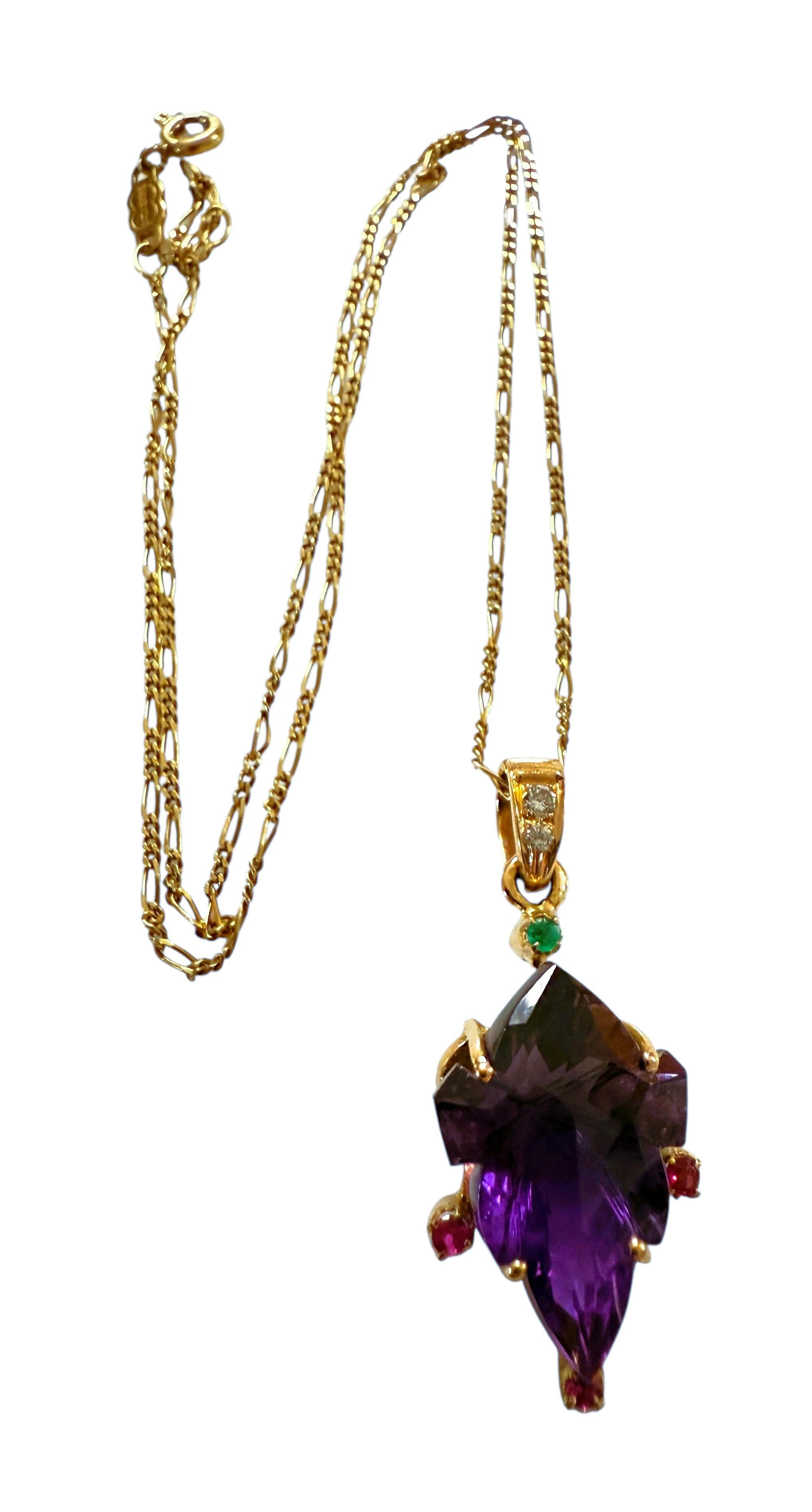 18k Yellow Gold 12 Carat Amethyst, Diamond, Sapphire & Emerald Necklace 18