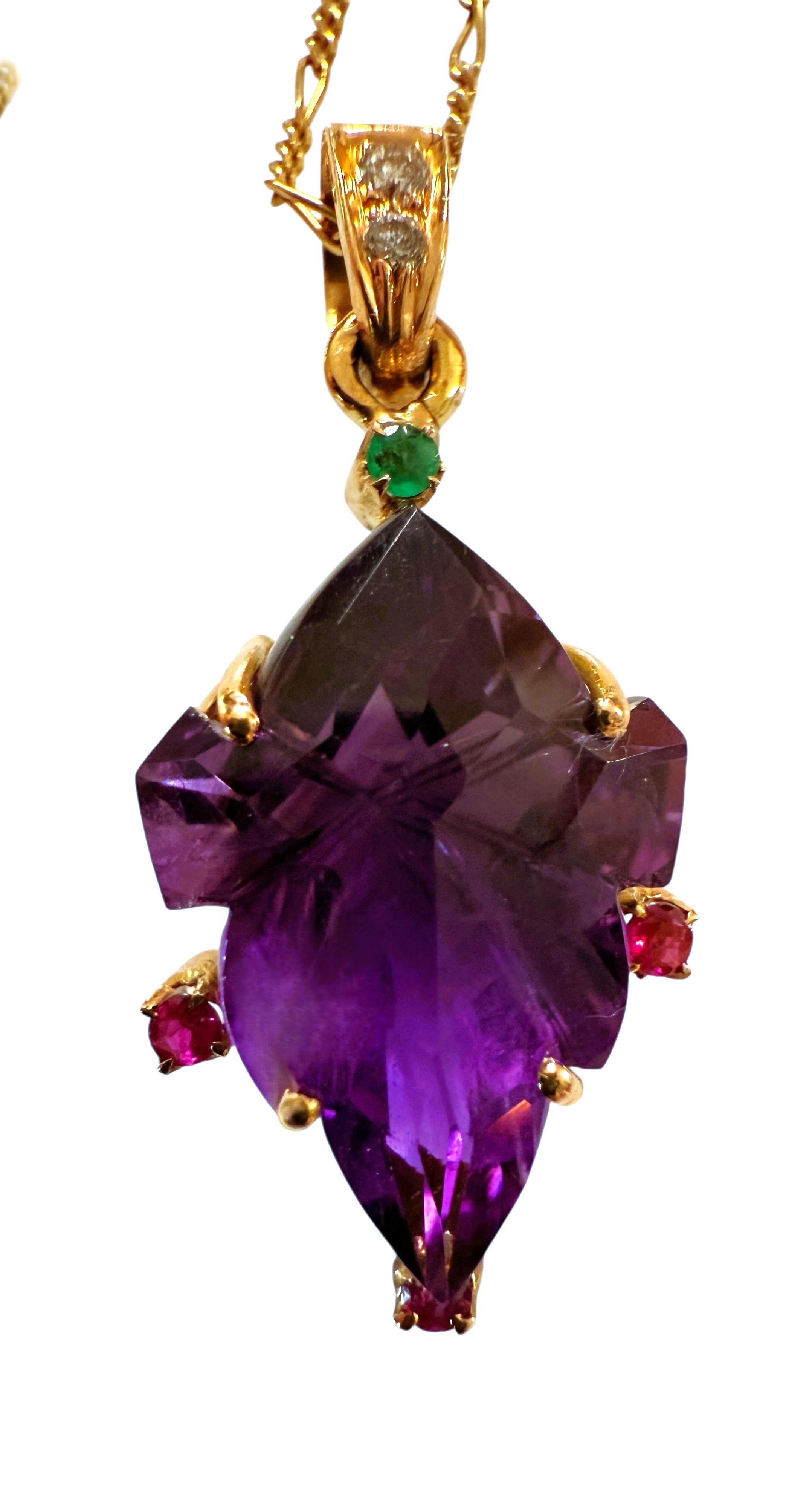 18k Yellow Gold 12 Carat Amethyst, Diamond, Sapphire & Emerald Necklace 18