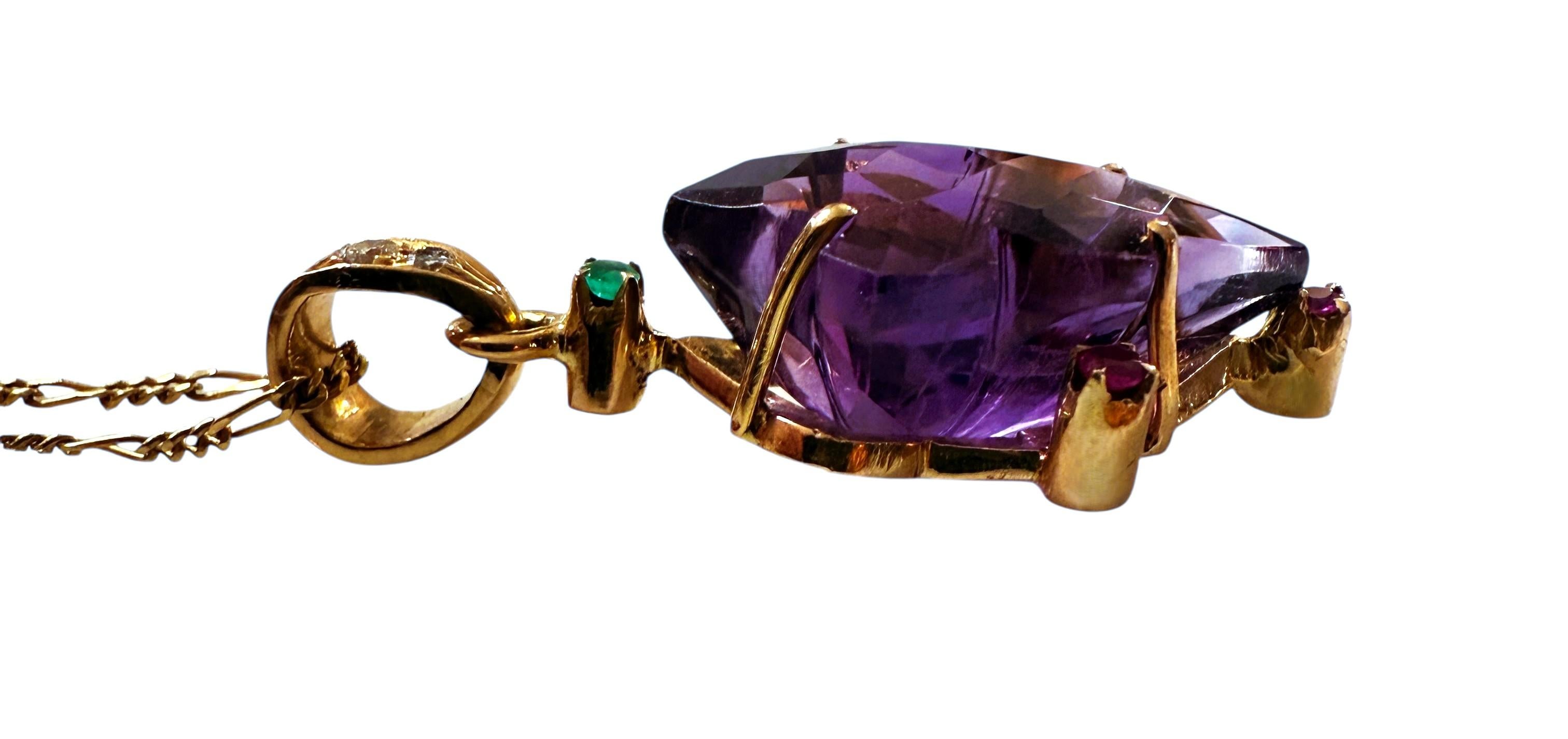 18k Yellow Gold 12 Carat Amethyst, Diamond, Sapphire & Emerald Necklace 18