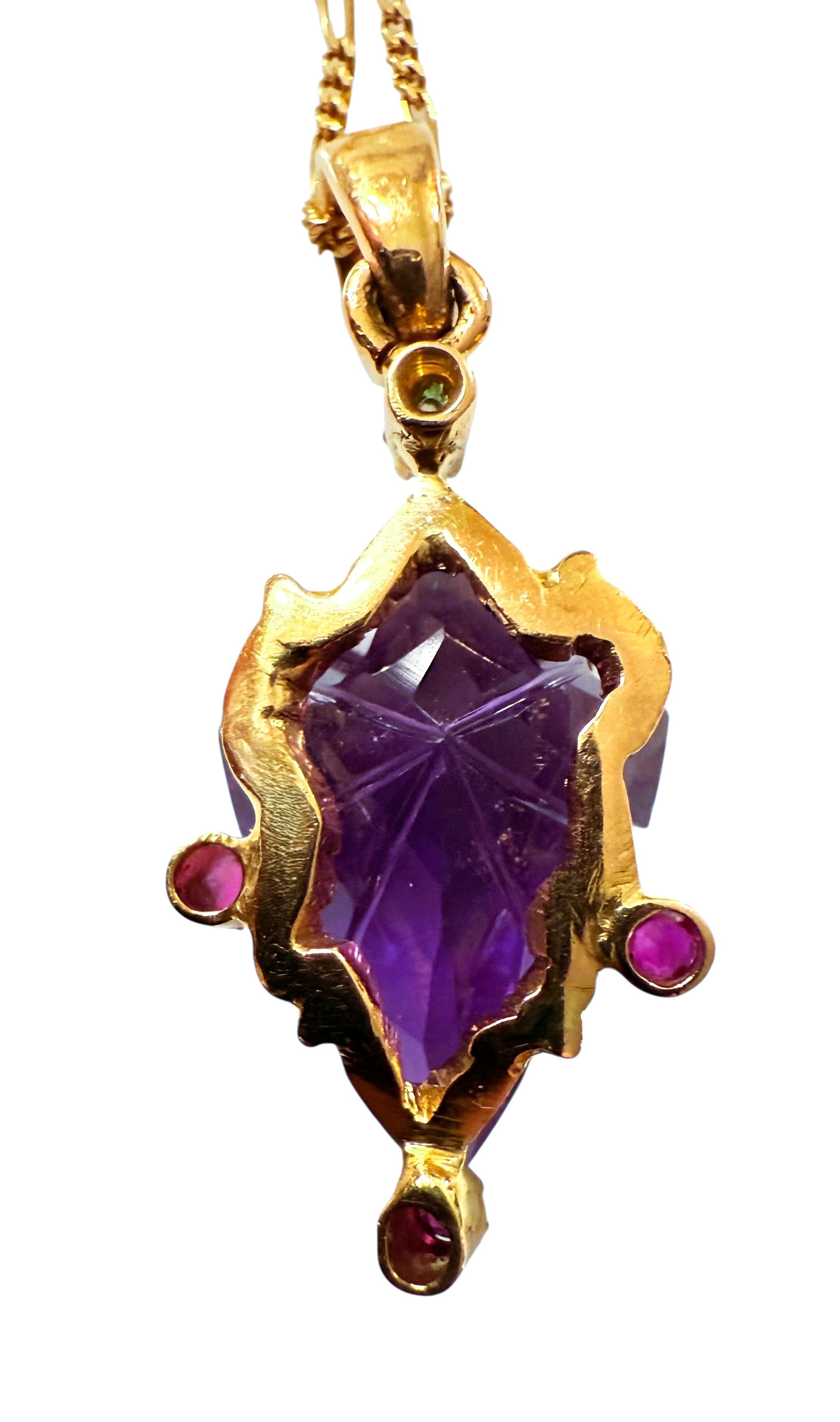 18k Yellow Gold 12 Carat Amethyst, Diamond, Sapphire & Emerald Necklace 18