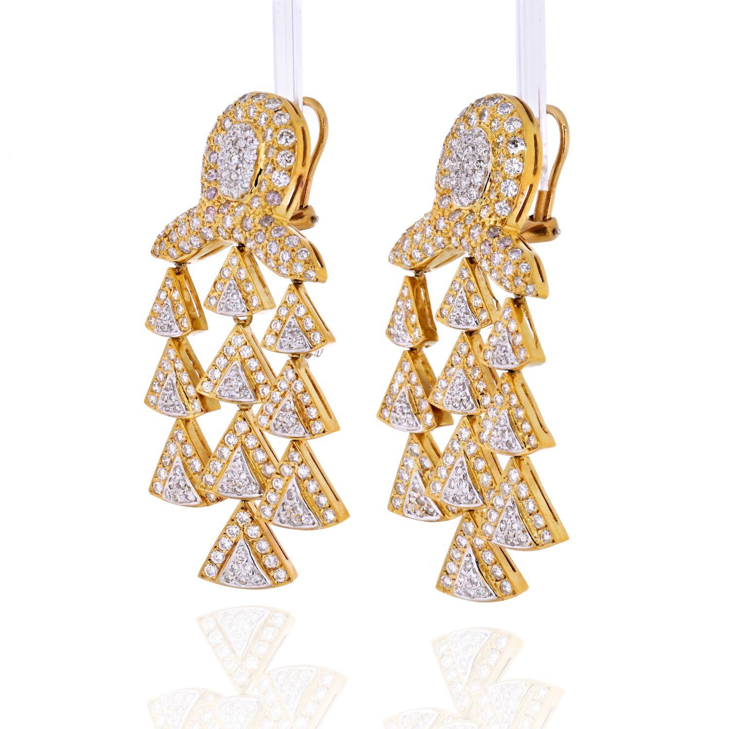 In short, these chandelier diamond earrings are like a full gift of fine jewelry in a pair. Blend of yellow gold and white diamonds gives these earrings a true Californian vibe, sexy shimmer and timeless style that will be perfect for a gold theme