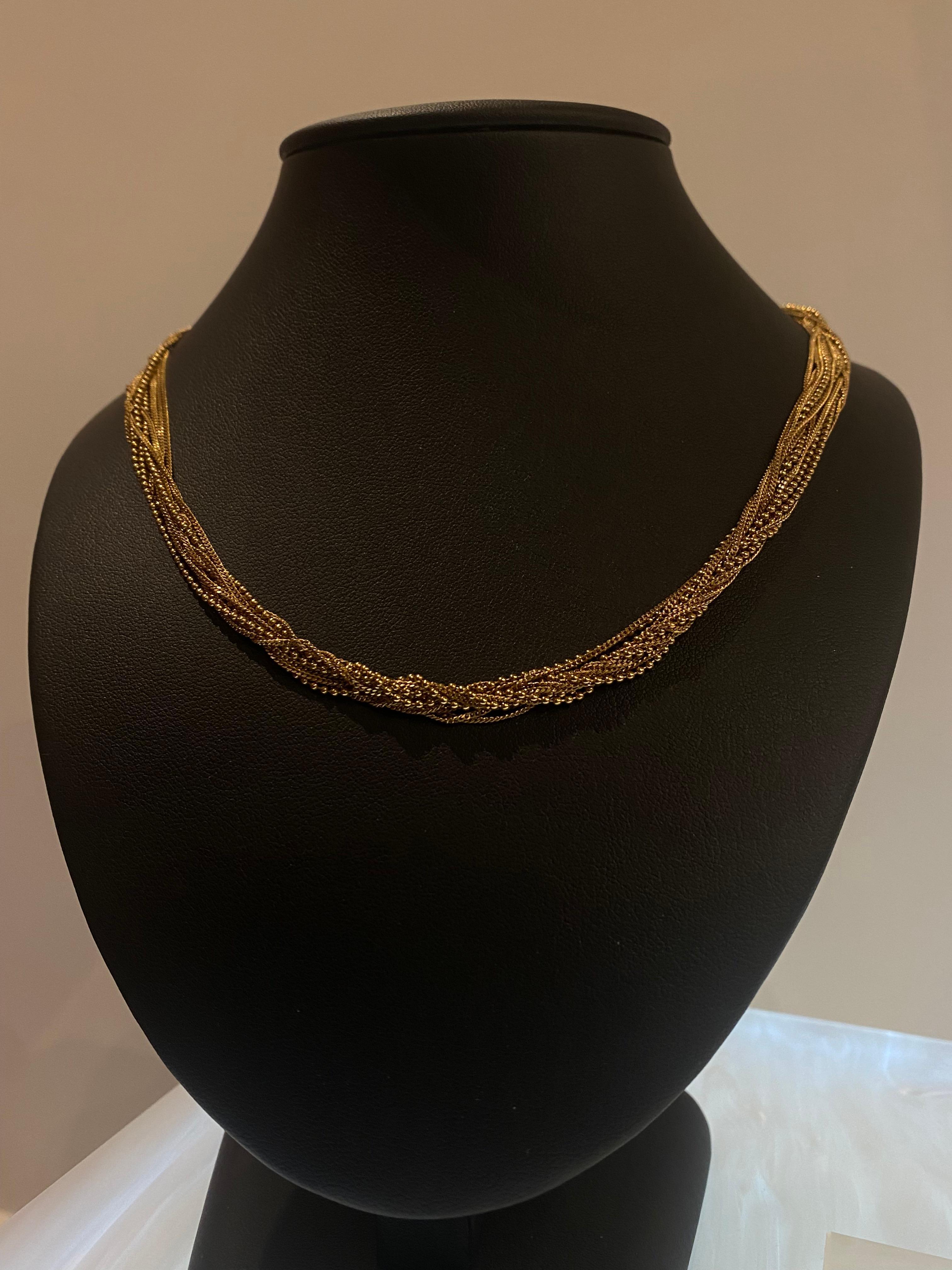 Retro 18K Yellow Gold 12-stand Italian 1960's Choker Necklace, Ball & Curb Link Chains For Sale