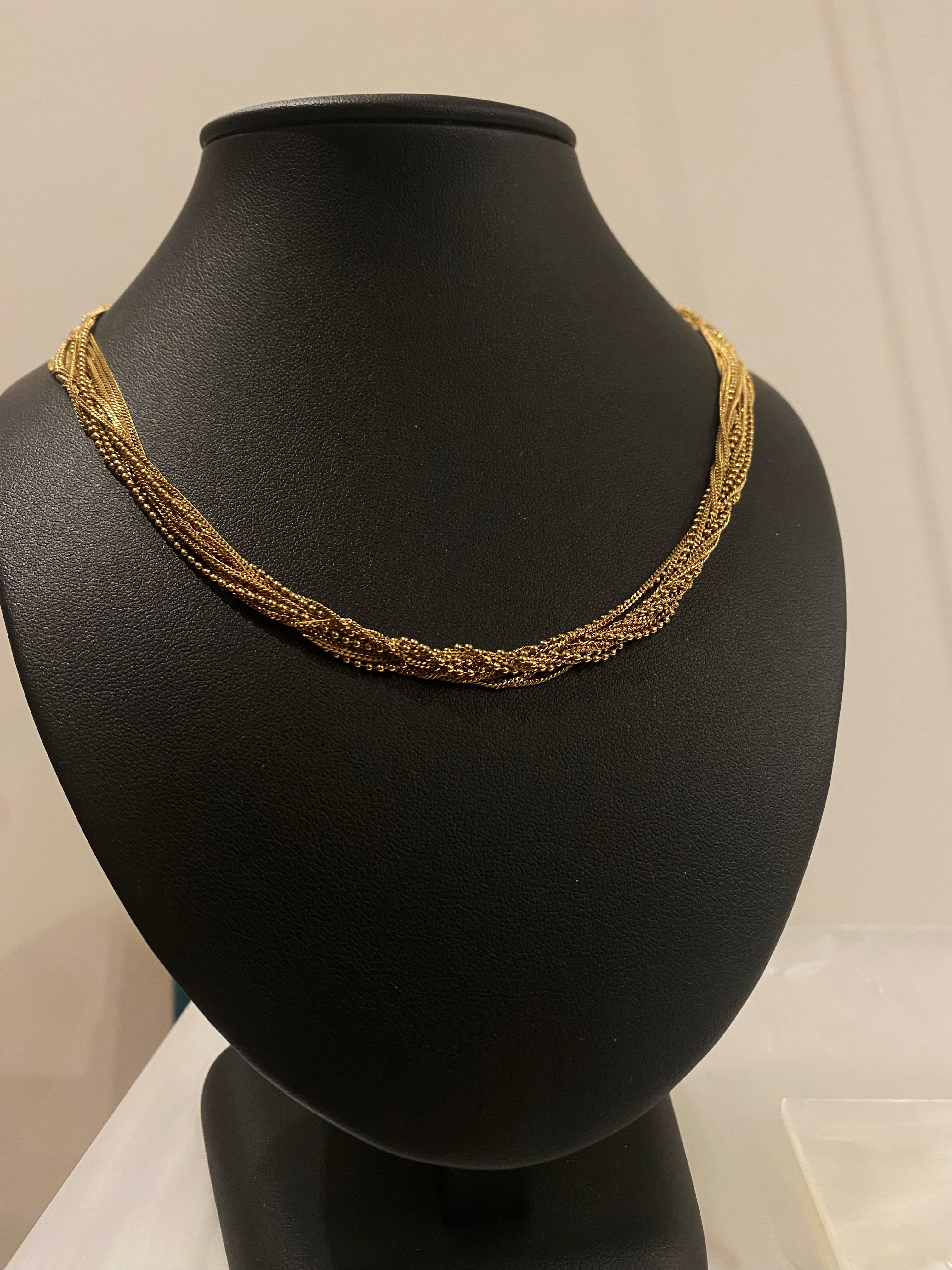 18K Yellow Gold 12-stand Italian 1960's Choker Necklace, Ball & Curb Link Chains For Sale 1