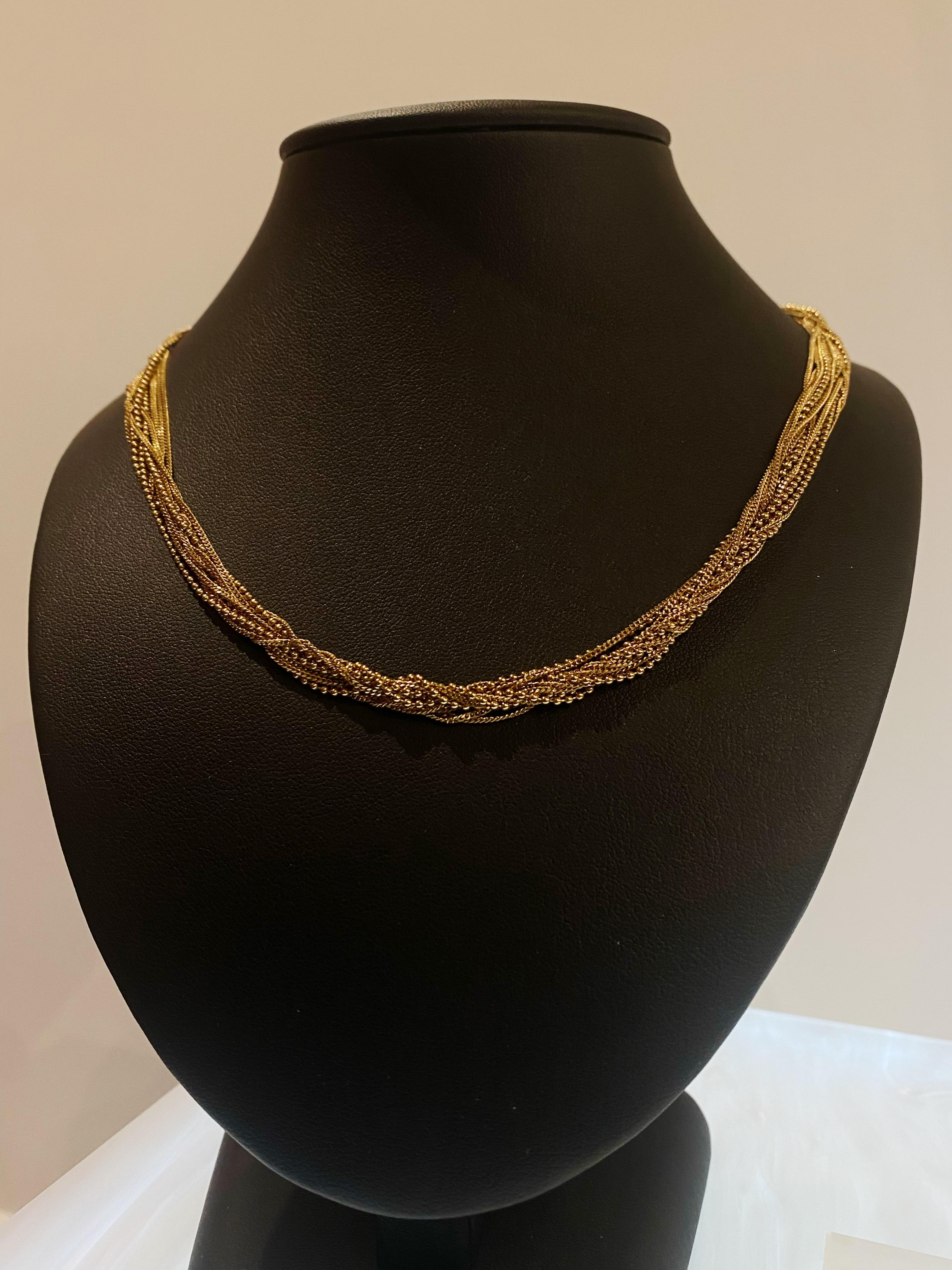 18K Yellow Gold 12-stand Italian 1960's Choker Necklace, Ball & Curb Link Chains For Sale 2