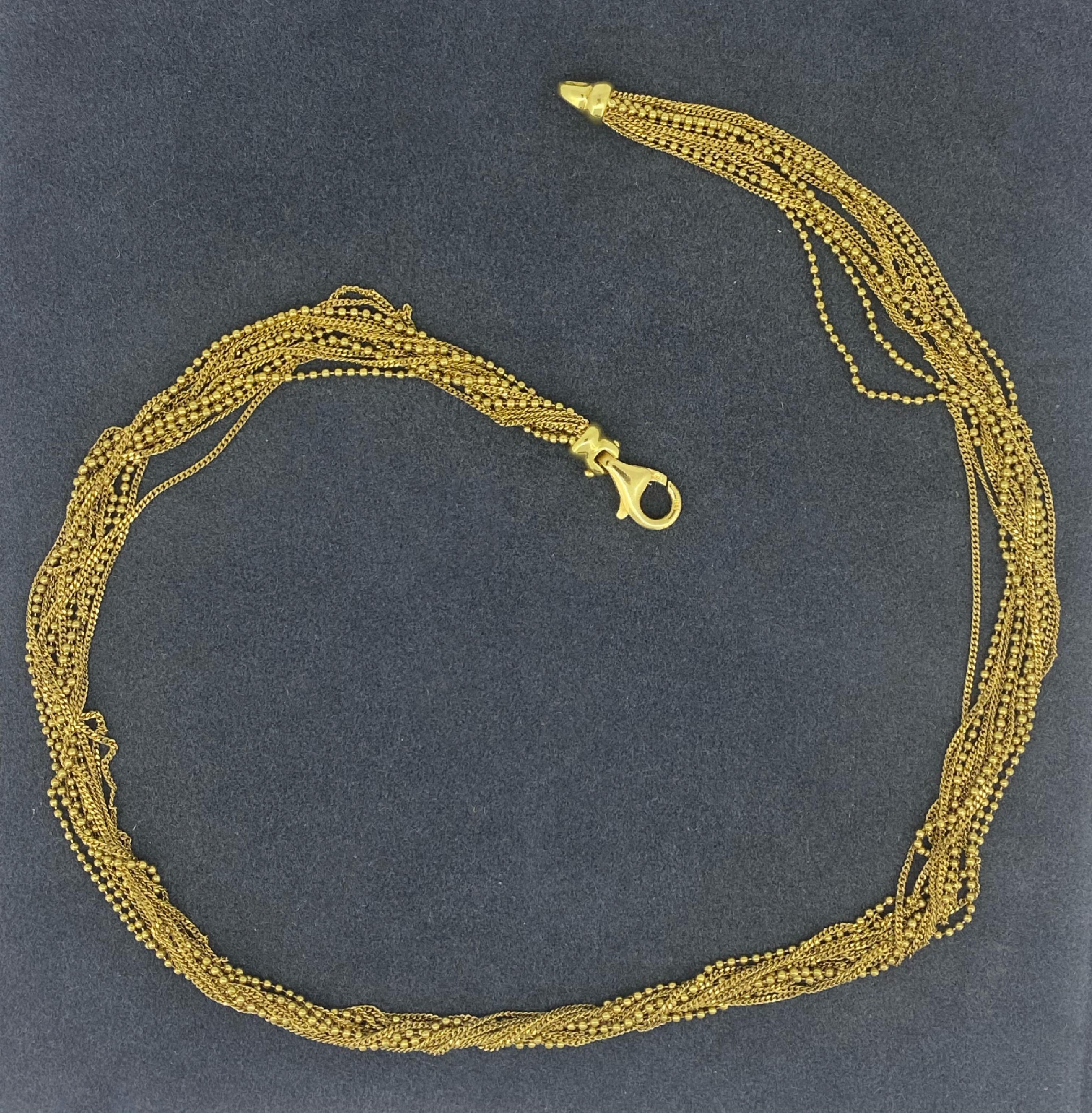 18K Yellow Gold 12-stand Italian 1960's Choker Necklace, Ball & Curb Link Chains For Sale 4
