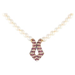 18K Yellow Gold 1.20ct Diamond, Ruby, and Pearl Necklace