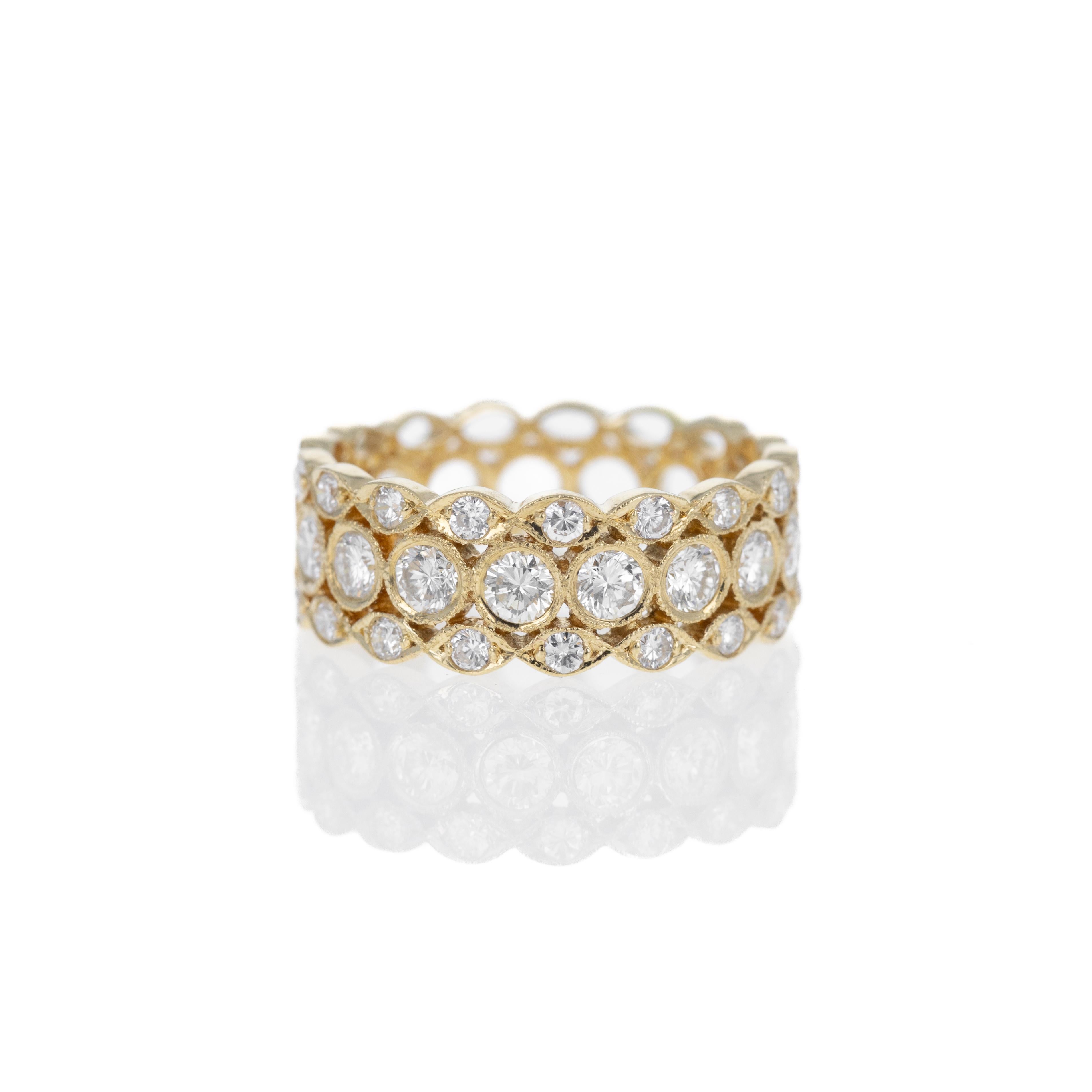 18K Yellow Gold 1.21 Carat Diamond Pave Lattice Milgrain Band For Sale 2
