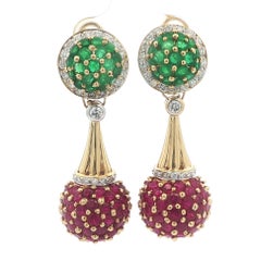 18k Gelbgold 12,20ctw Rubin & Smaragd Diamant Ball Dangle Drop Ohrringe