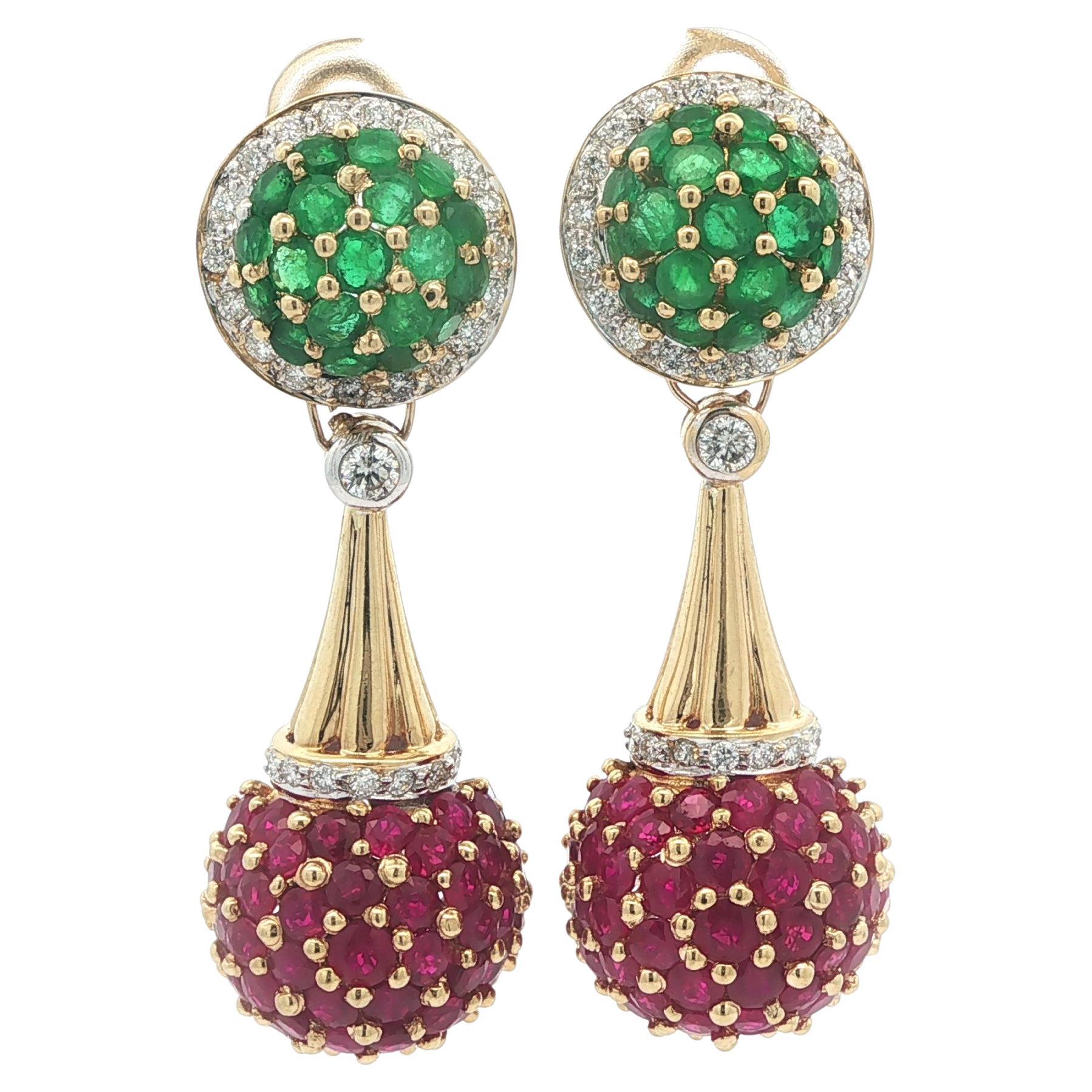 18k Yellow Gold 12.20ctw Ruby 
Emerald Diamond Ball Dangle Drop Earrings en vente