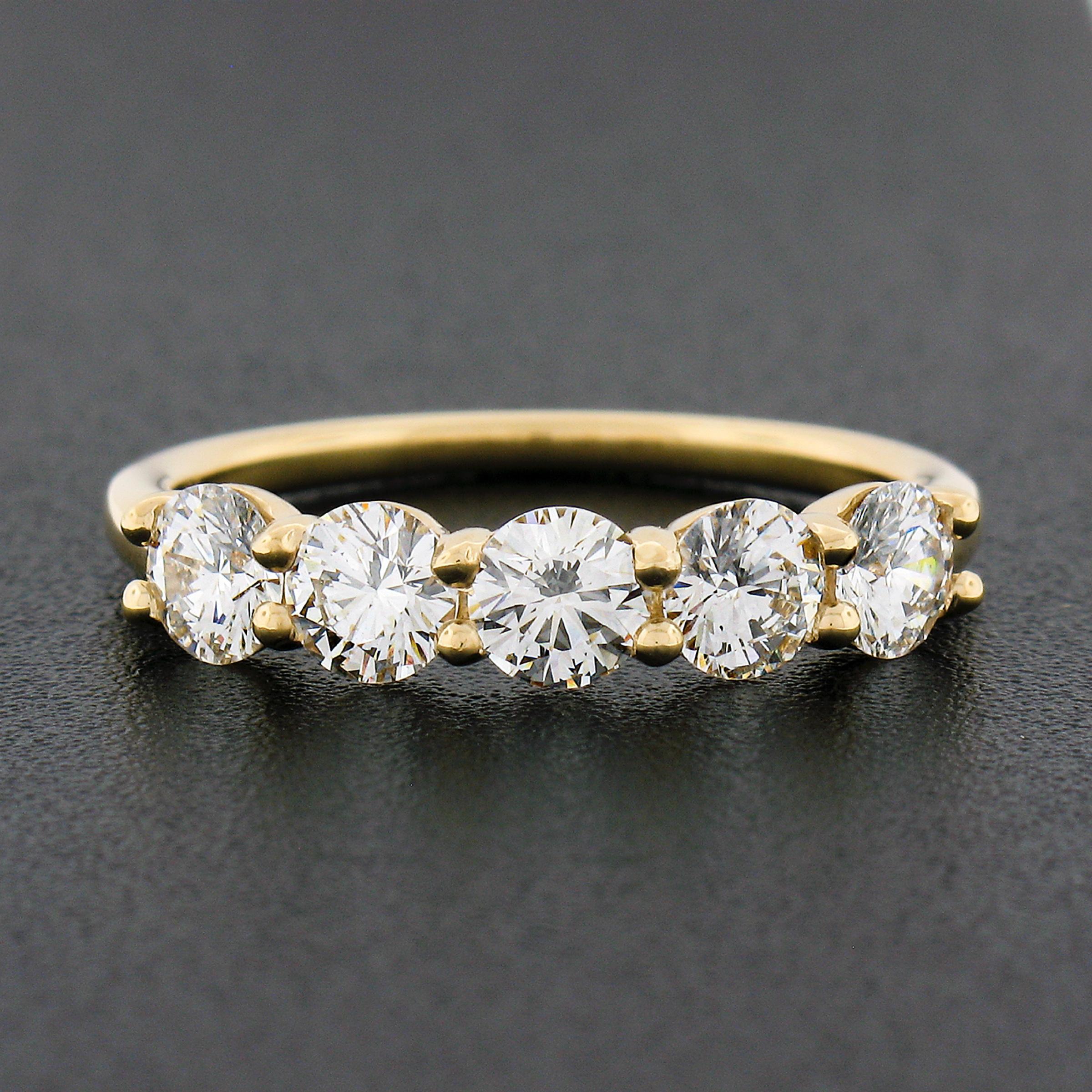 Round Cut 18k Yellow Gold 1.22ct Round Ideal Low Profile Diamond 5 Stone Stack Band Ring For Sale