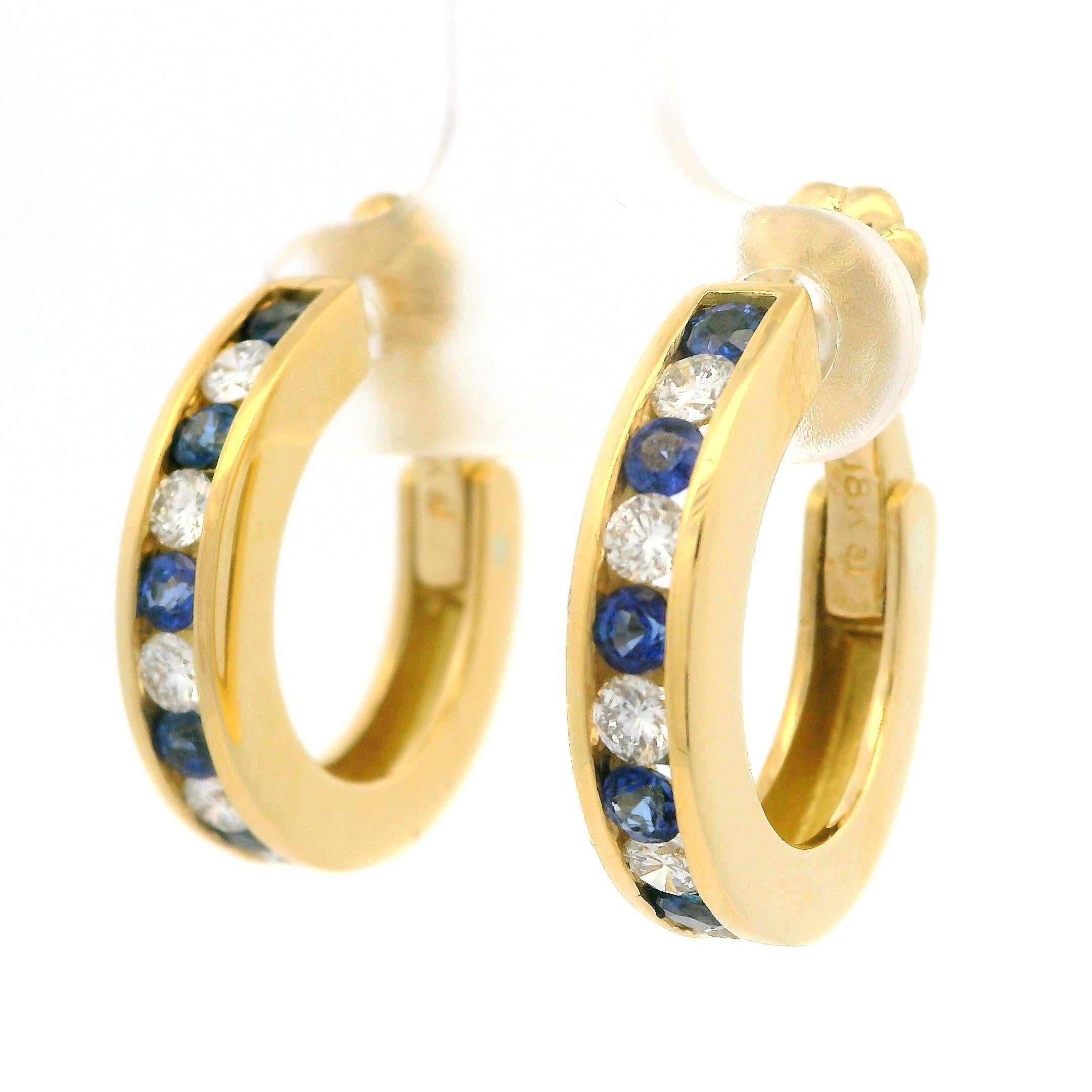 Taglio brillante Orecchini a cerchio in oro giallo 18k con zaffiro e diamante da 1,22 ct. in vendita