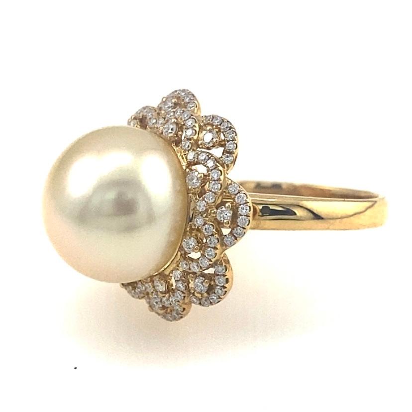 Modern 18K Yellow Gold 12.5 mm South Sea Pearl Golden Pearl Ring with Diamonds For Sale