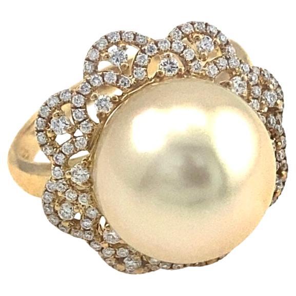 18 Karat Gelbgold 12,5 mm Südseeperlen-Goldperlenring mit Diamanten