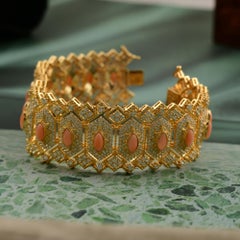 18K Yellow Gold 12.56 Ct Diamond & Coral Cabochon Wide Bracelet