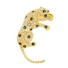 18k Yellow Gold 1.25ctw Pave Set Diamond & Sapphire Panther Leopard Pin Brooch
