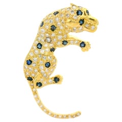 18k Yellow Gold 1.25ctw Pave Set Diamond & Sapphire Panther Leopard Pin Brooch