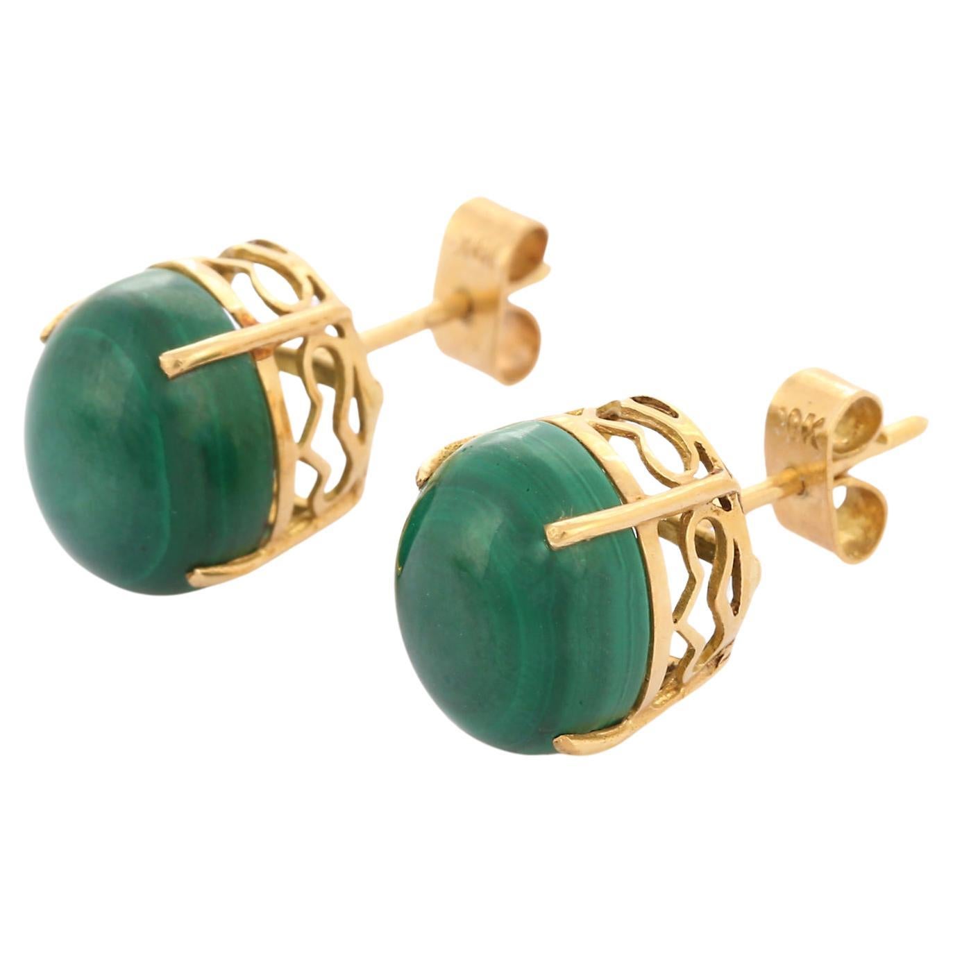 18K Yellow Gold 12.81 Ct Malachite Stud Earrings Solitaire Studs