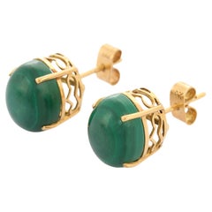 18K Yellow Gold 12.81 Ct Malachite Stud Earrings Solitaire Studs